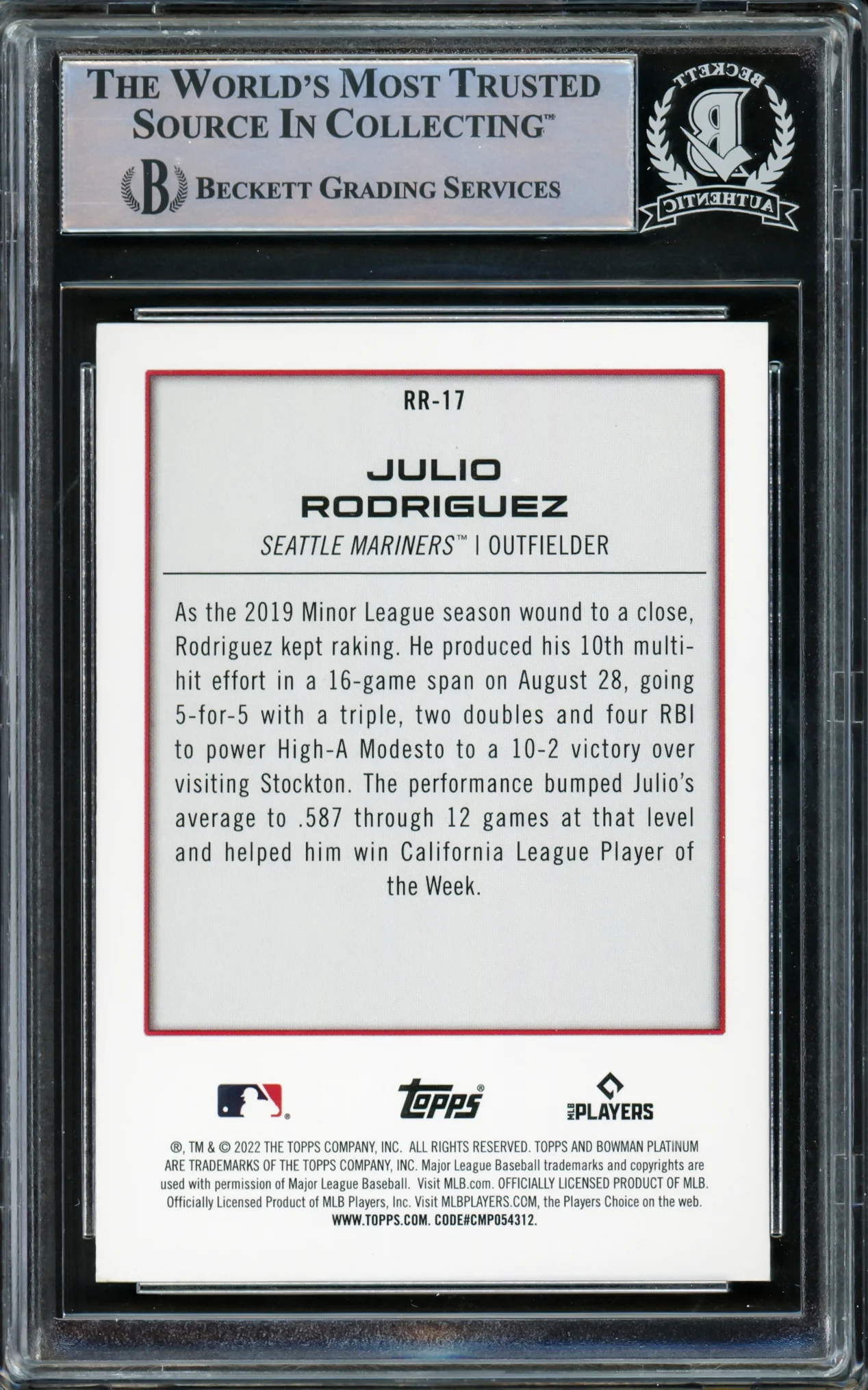 Julio Rodriguez Autographed 2022 Bowman Platinum Renowned Rookies Rookie Card #RR17 Seattle Mariners Beckett BAS #15781431 - Image 2