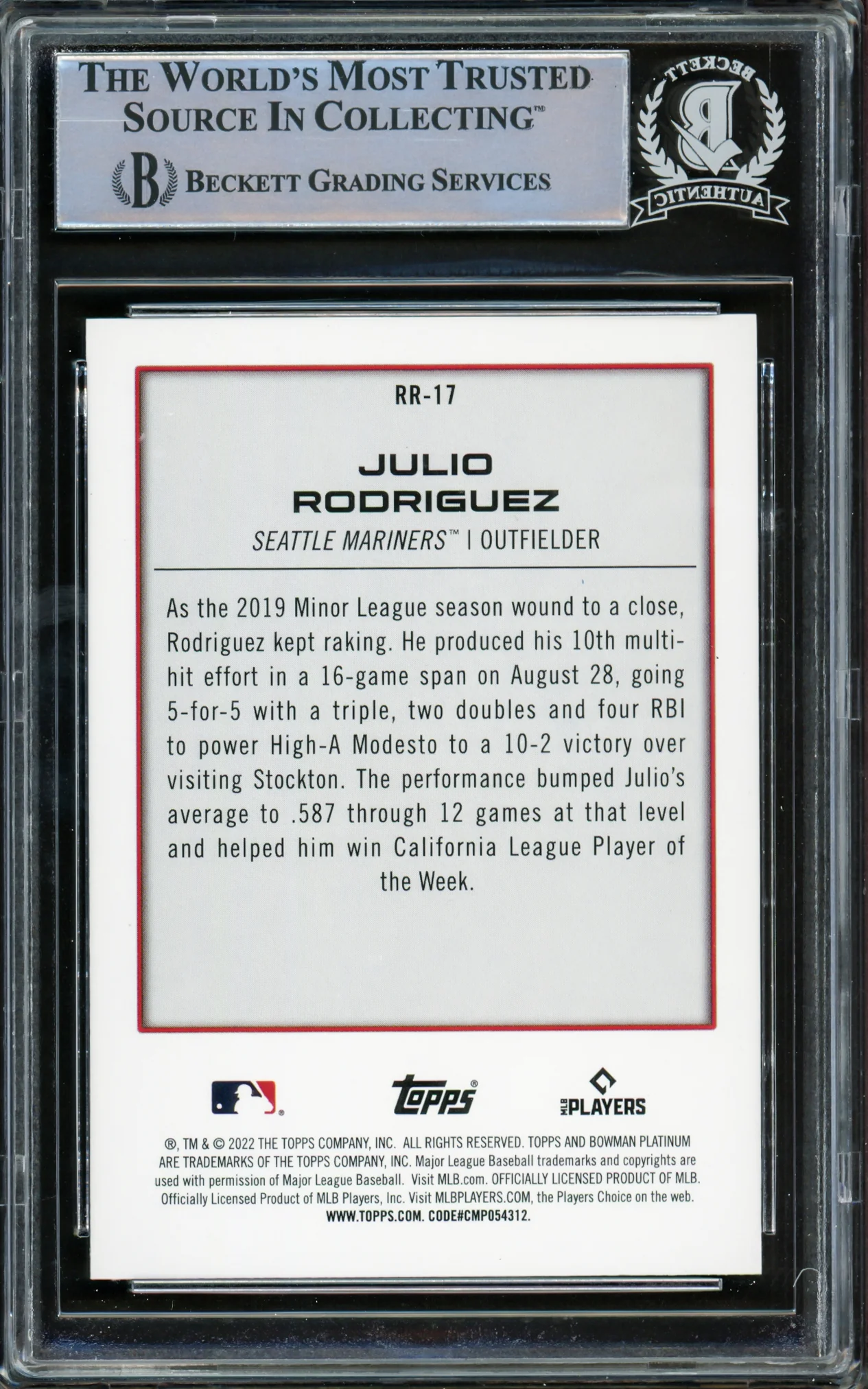 Julio Rodriguez Autographed 2022 Bowman Platinum Renowned Rookies Rookie Card #RR17 Seattle Mariners Beckett BAS #15781433 - Image 2