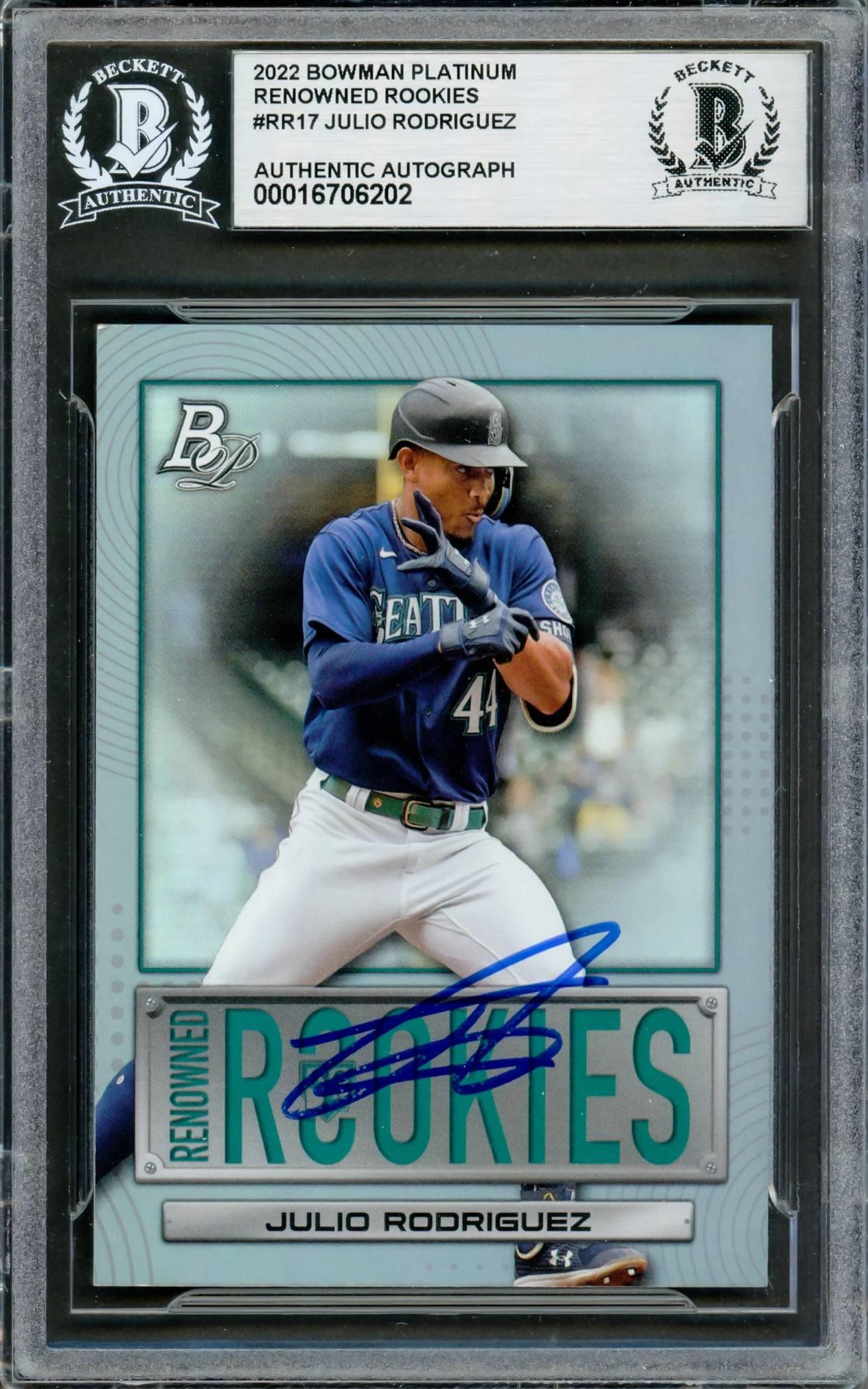 Julio Rodriguez Autographed 2022 Bowman Platinum Renowned Rookies Rookie Card #RR17 Seattle Mariners Beckett BAS #16706202