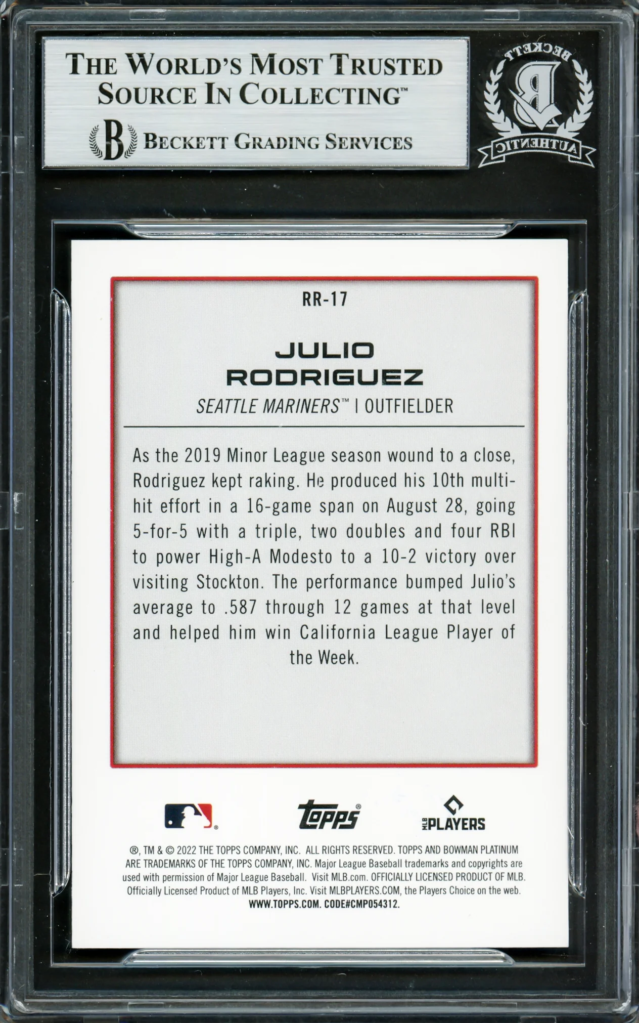 Julio Rodriguez Autographed 2022 Bowman Platinum Renowned Rookies Rookie Card #RR17 Seattle Mariners Beckett BAS #16706202 - Image 2