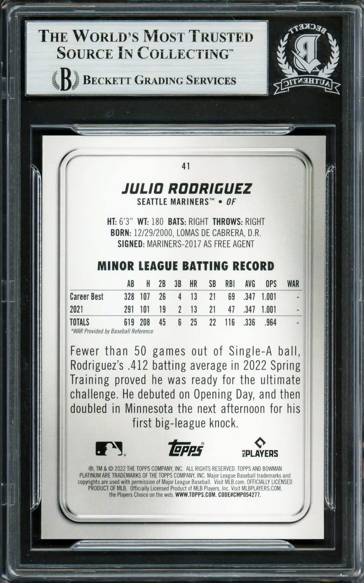 Julio Rodriguez Autographed 2022 Bowman Platinum Rookie Card #41 Seattle Mariners Beckett BAS Stock #228011 - Image 2