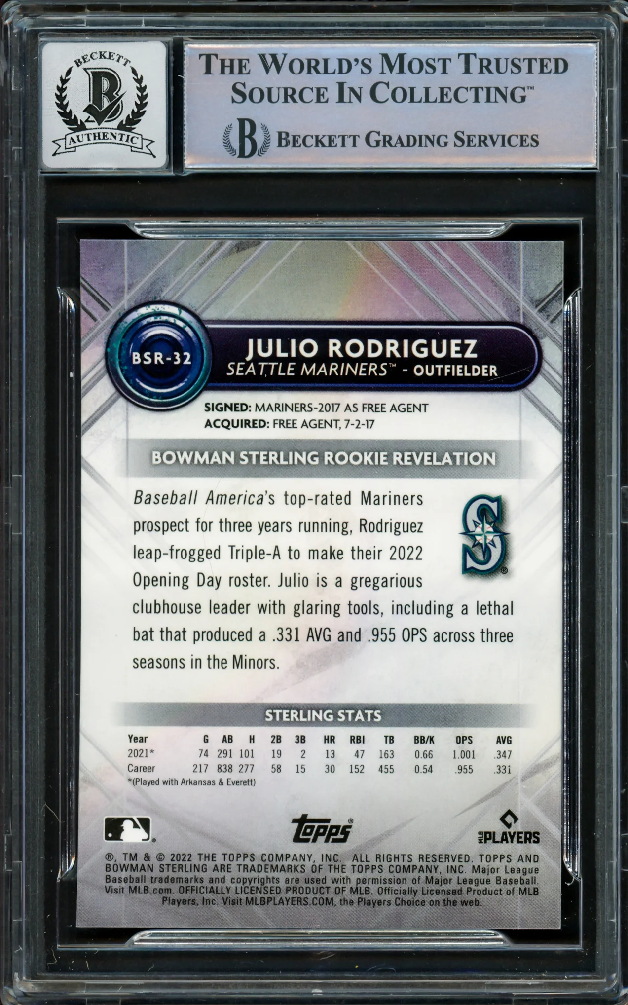 Julio Rodriguez Autographed 2022 Bowman Sterling Rookie Card #BSR32 Seattle Mariners Auto Grade Gem Mint 10 Beckett BAS #16339282 - Image 2