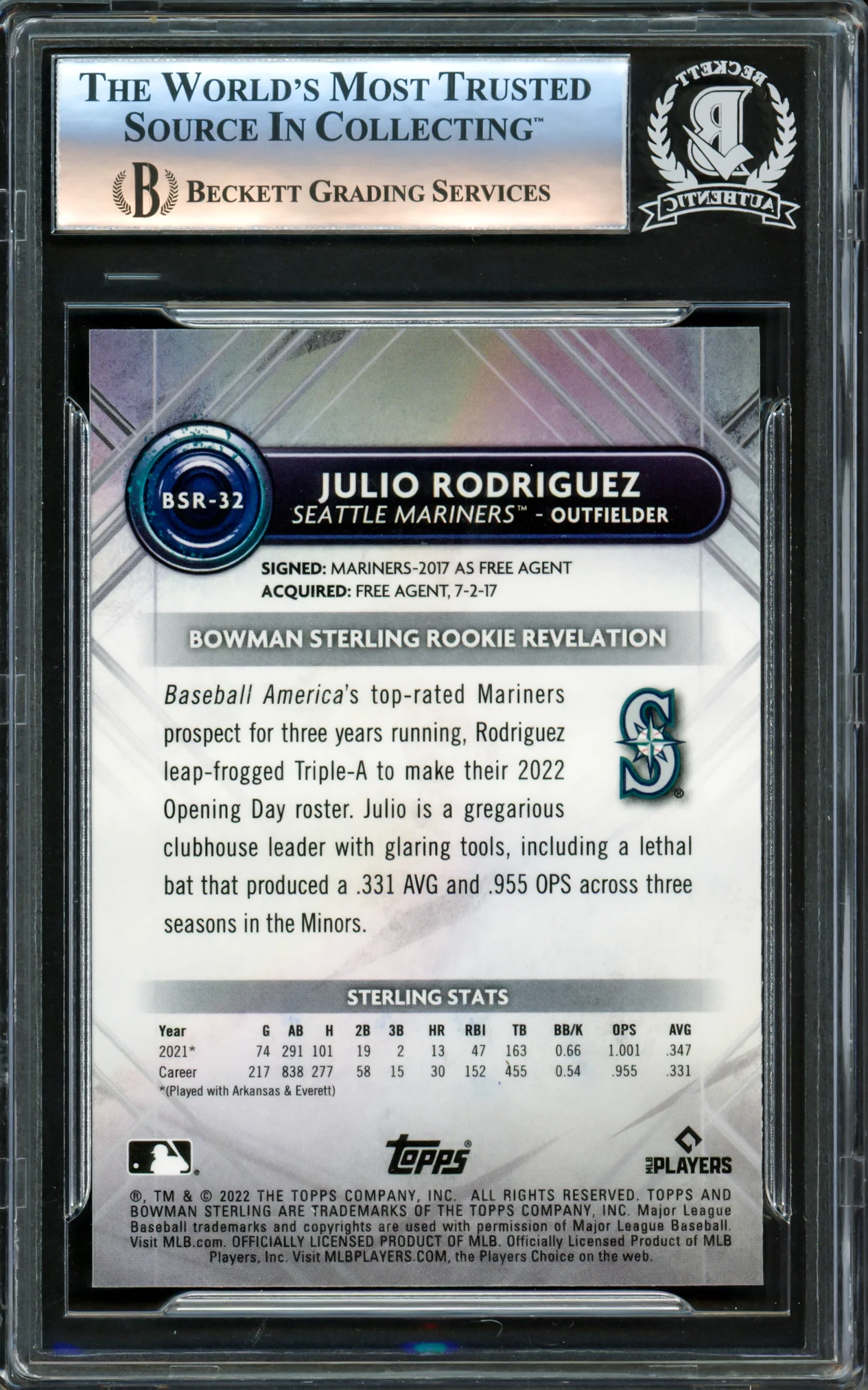 Julio Rodriguez Autographed 2022 Bowman Sterling Rookies Card #BSR32 Seattle Mariners Beckett BAS Stock #221566 - Image 2