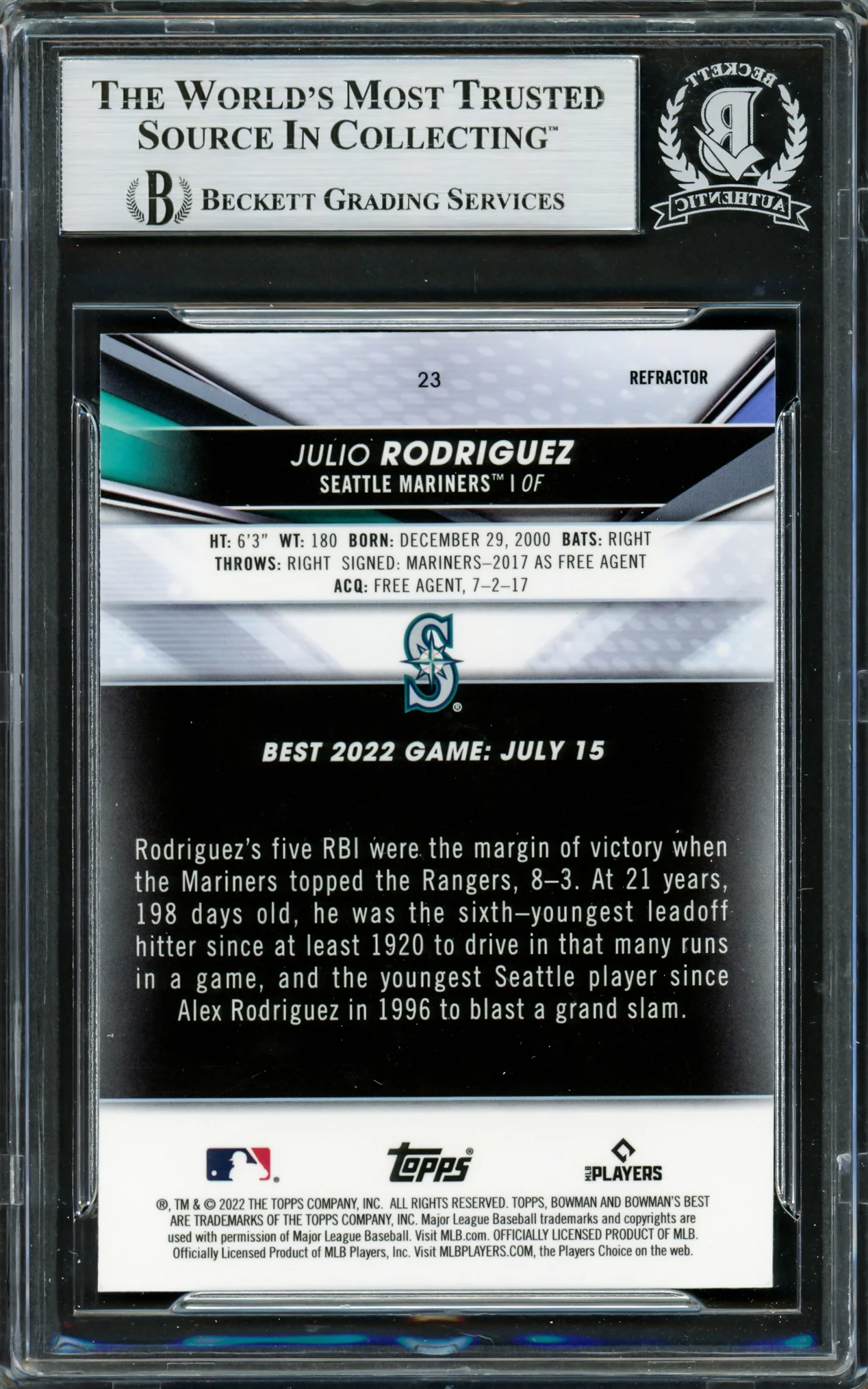 Julio Rodriguez Autographed 2022 Bowman's Best Refractor Rookie Card #23 Seattle Mariners Beckett BAS Stock #228012 - Image 2