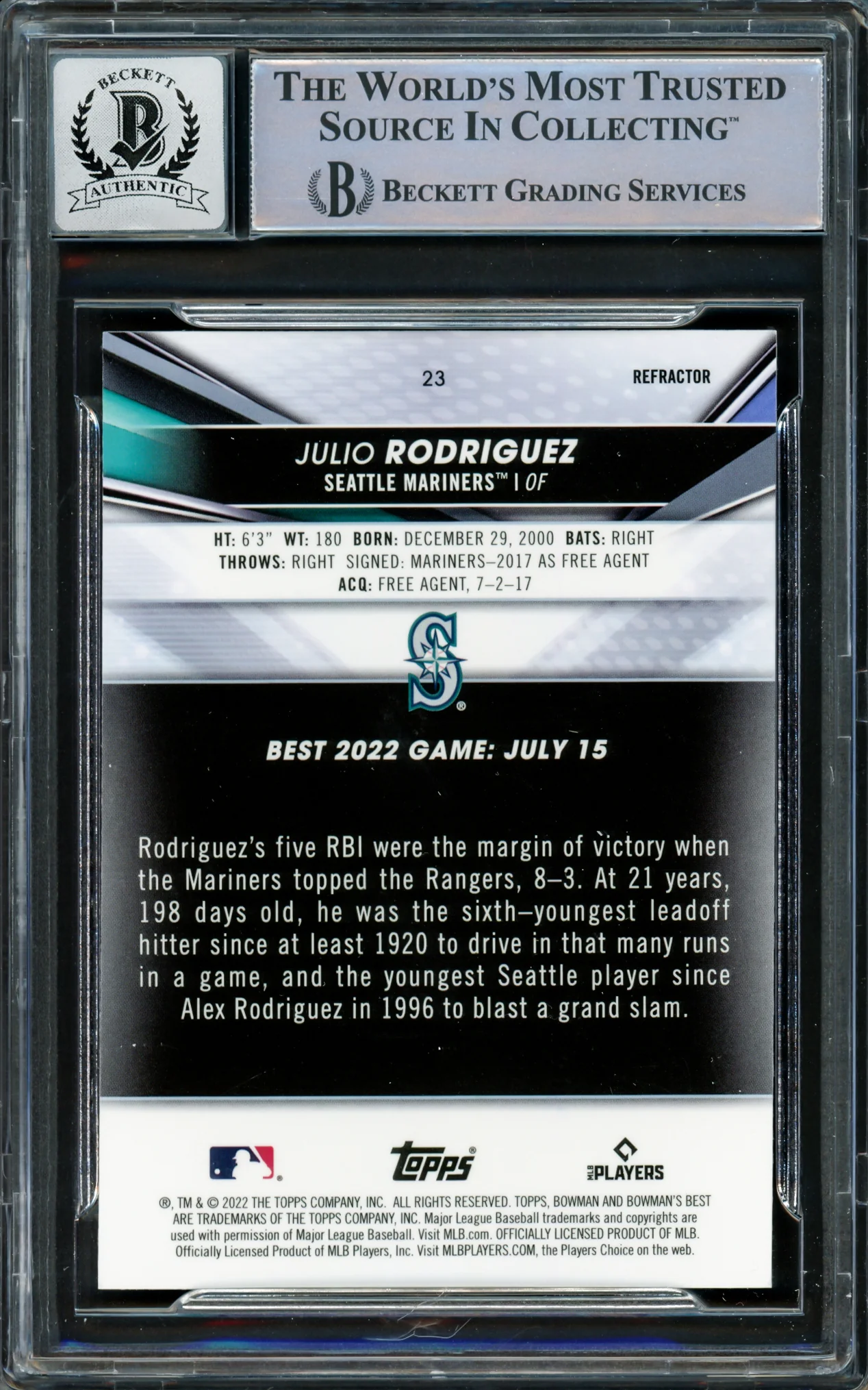 Julio Rodriguez Autographed 2022 Bowman's Best Refractors Rookie Card #23 Seattle Mariners Auto Grade Gem Mint 10 Beckett BAS #16339179 - Image 2