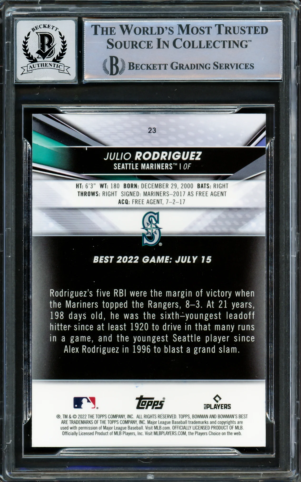 Julio Rodriguez Autographed 2022 Bowman's Best Rookie Card #23 Seattle Mariners Auto Grade Gem Mint 10 Beckett BAS #16339174 - Image 2