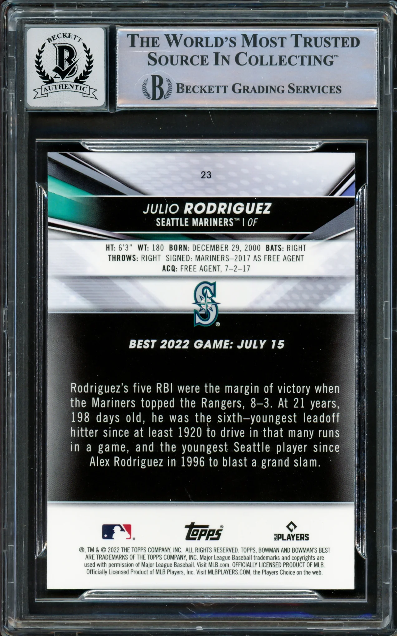 Julio Rodriguez Autographed 2022 Bowman's Best Rookie Card #23 Seattle Mariners Auto Grade Gem Mint 10 Beckett BAS #16339175 - Image 2