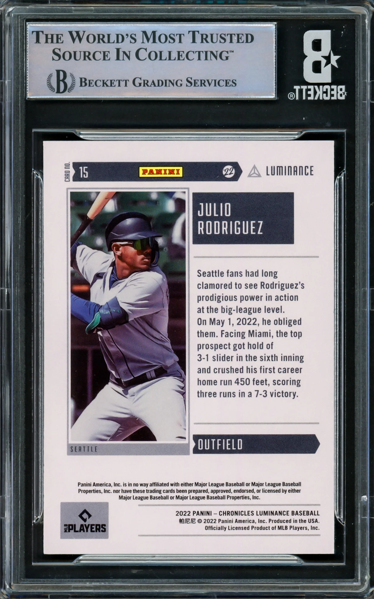 Julio Rodriguez Autographed 2022 Chronicles Luminance Rookie Card #15 Seattle Mariners Beckett BAS #16545771 - Image 2