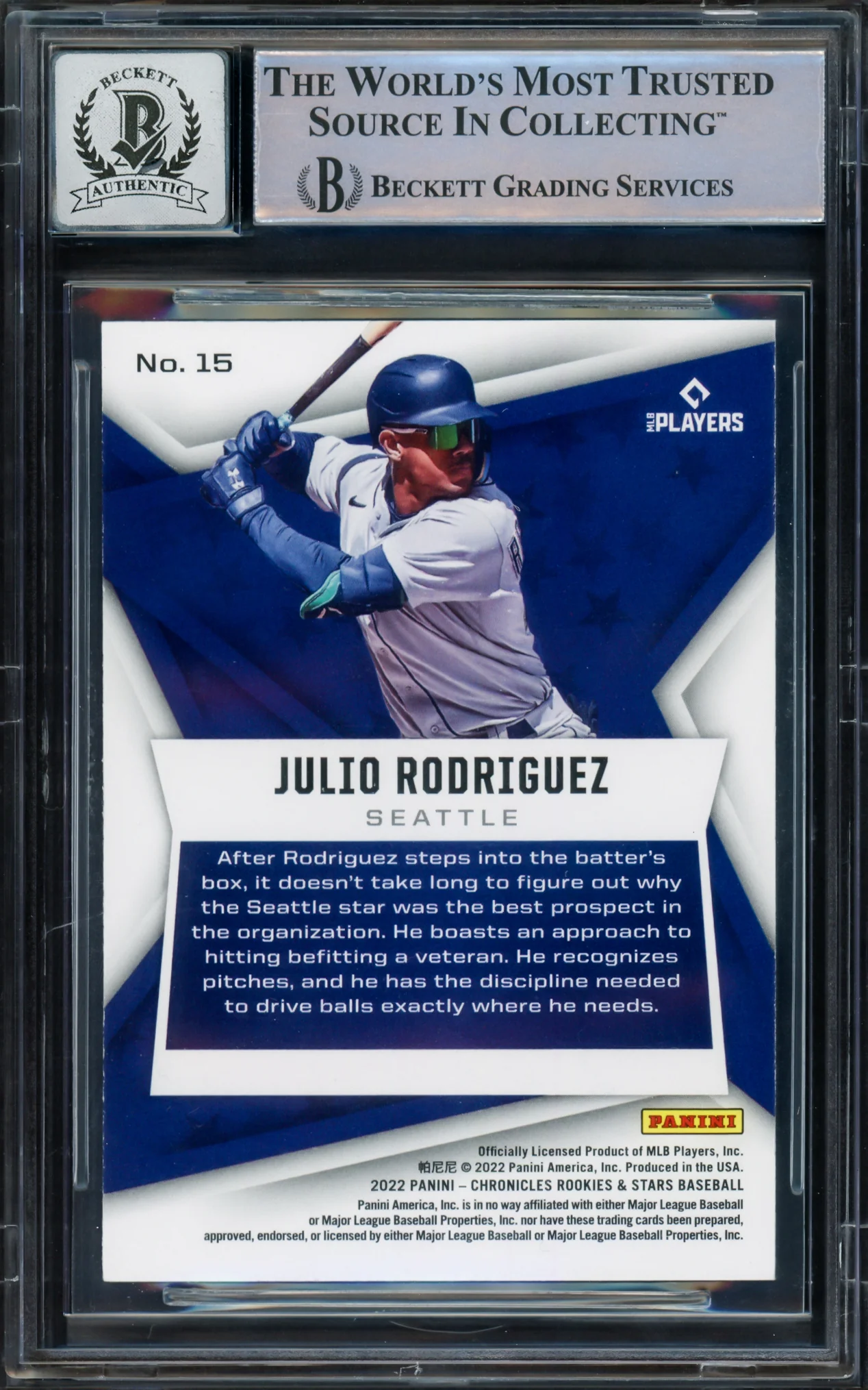 Julio Rodriguez Autographed 2022 Chronicles Rookies & Stars Rookie Card #15 Seattle Mariners Auto Grade Gem Mint 10 Beckett BAS #16543924 - Image 2