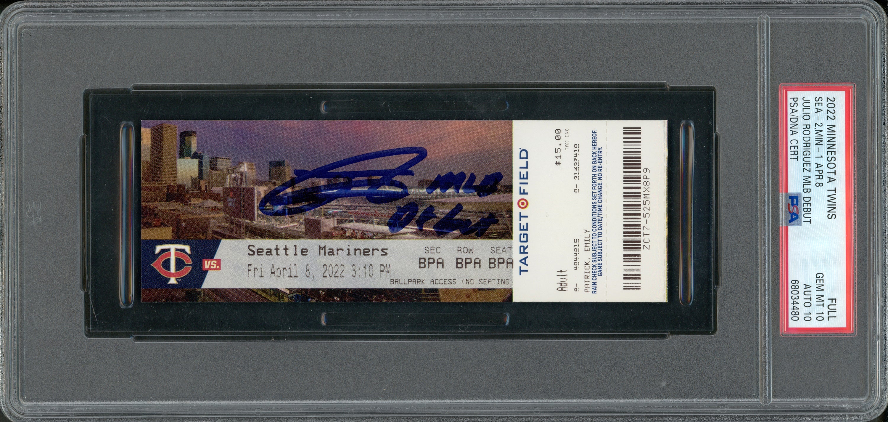 Julio Rodriguez Autographed 2022 MLB Debut Rookie Ticket 4/8/2022 Seattle Mariners PSA 10 Auto Grade Gem Mint 10 "MLB Debut" (Stadium) PSA/DNA Stock #262030