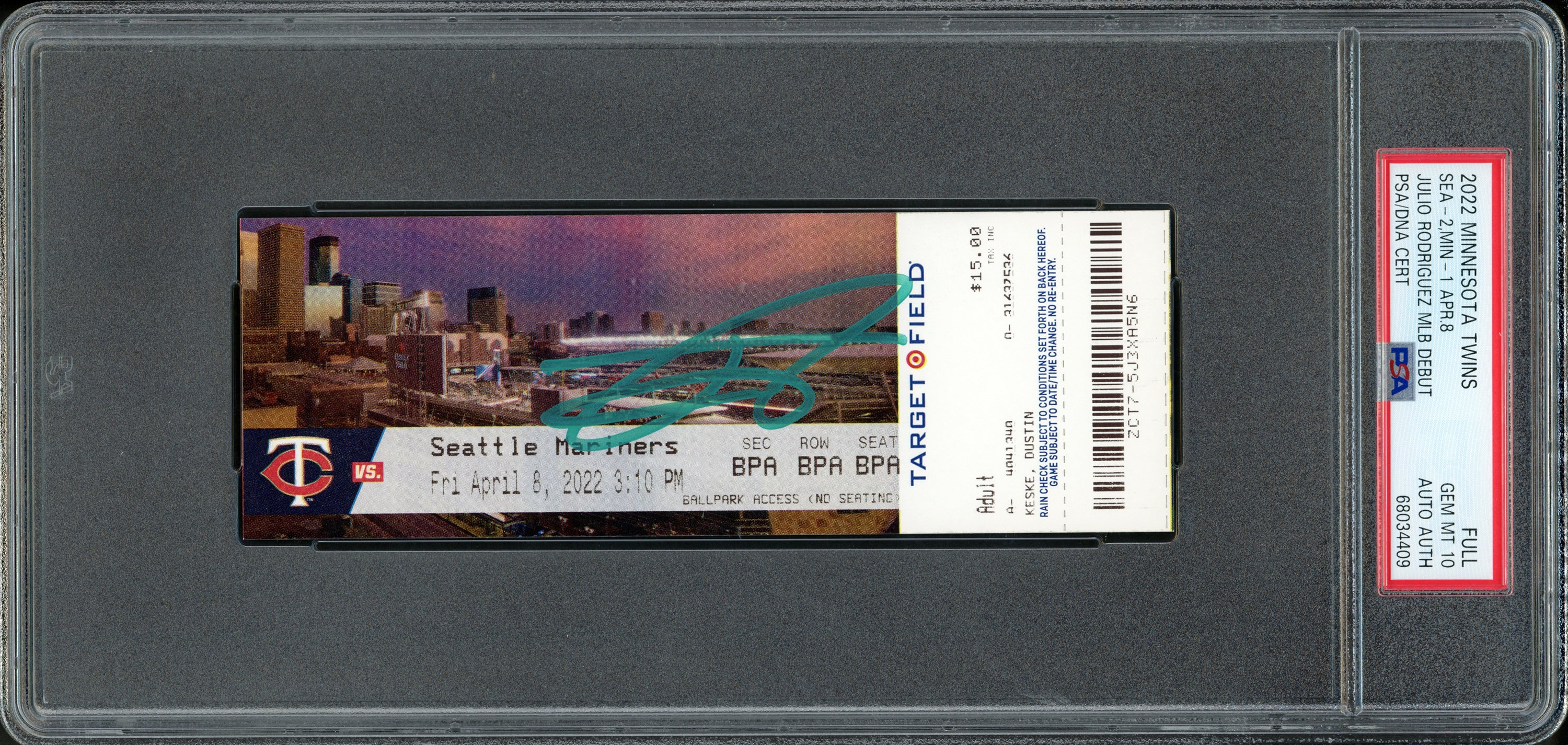 Julio Rodriguez Autographed 2022 MLB Debut Rookie Ticket 4/8/2022 Seattle Mariners PSA 10 (Stadium) PSA/DNA Stock #262034