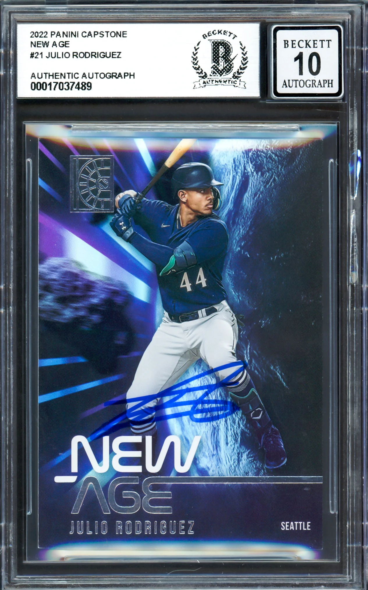 Julio Rodriguez Autographed 2022 Panini Capstone New Age Rookie Card #NA-21 Seattle Mariners Auto Grade Gem Mint 10 Beckett BAS #17037489 - Image 3