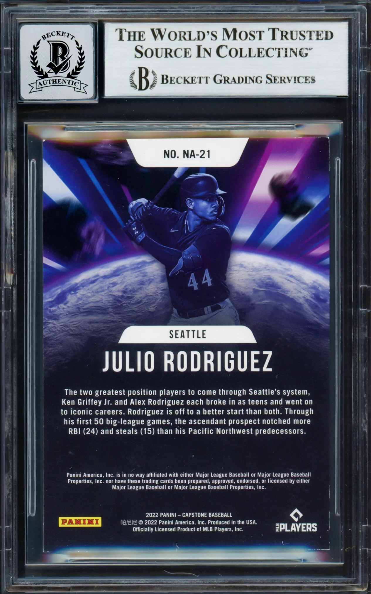 Julio Rodriguez Autographed 2022 Panini Capstone New Age Rookie Card #NA-21 Seattle Mariners Auto Grade Gem Mint 10 Beckett BAS #17037489 - Image 4