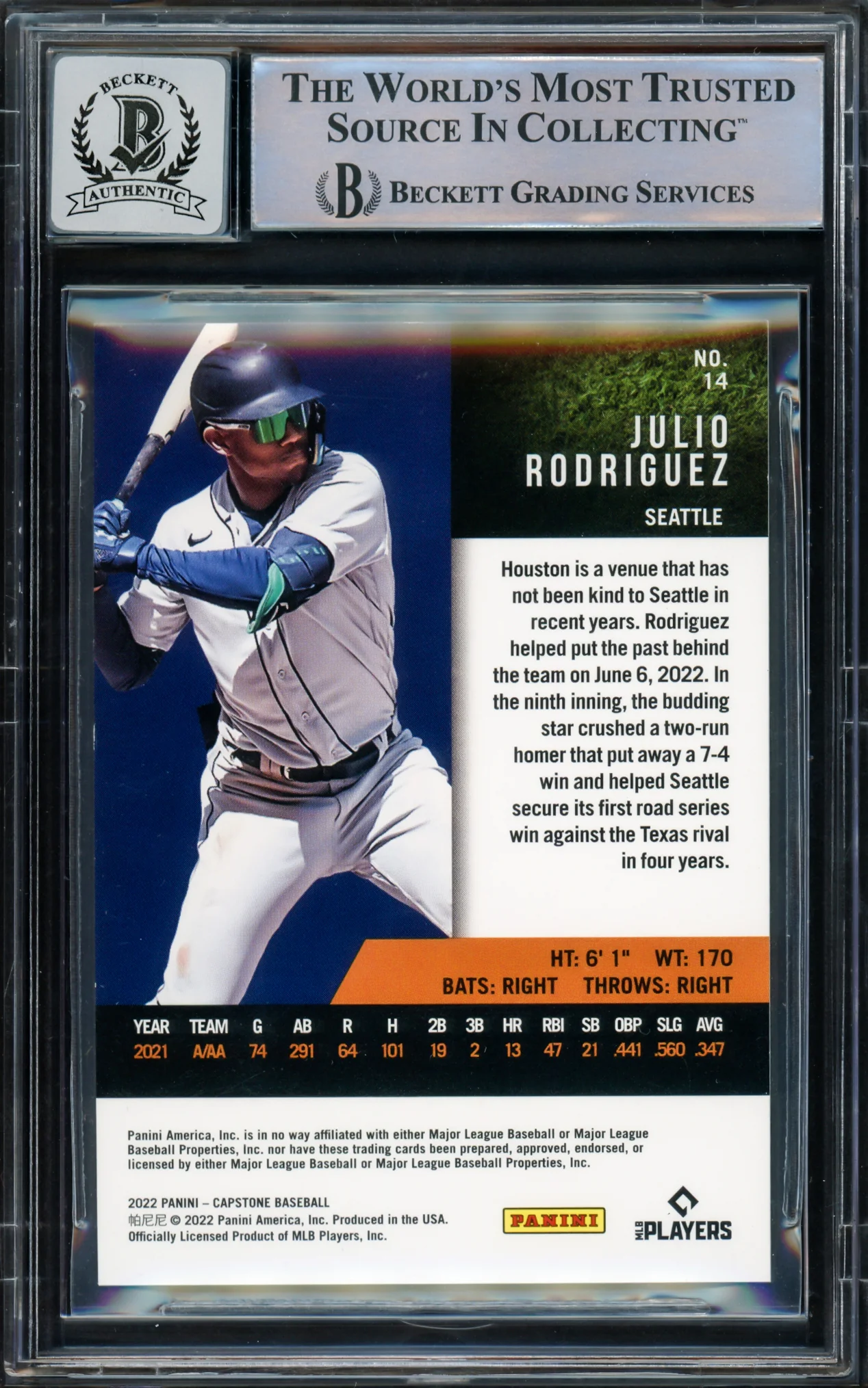 Julio Rodriguez Autographed 2022 Panini Capstone Rookie Card #14 Seattle Mariners Auto Grade Gem Mint 10 Beckett BAS Stock #216653 - Image 2