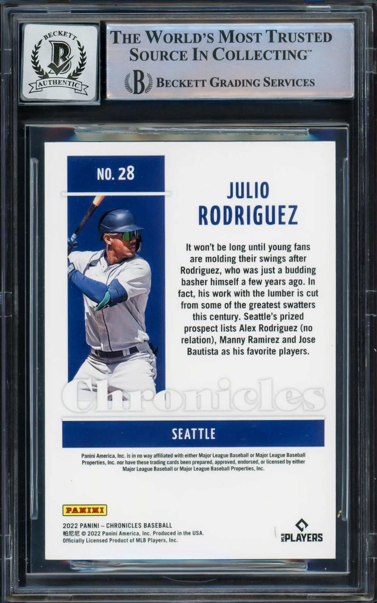 Julio Rodriguez Autographed 2022 Panini Chronicles Rookie Card #28 Seattle Mariners Auto Grade Gem Mint 10 Beckett BAS #16543919 - Image 2