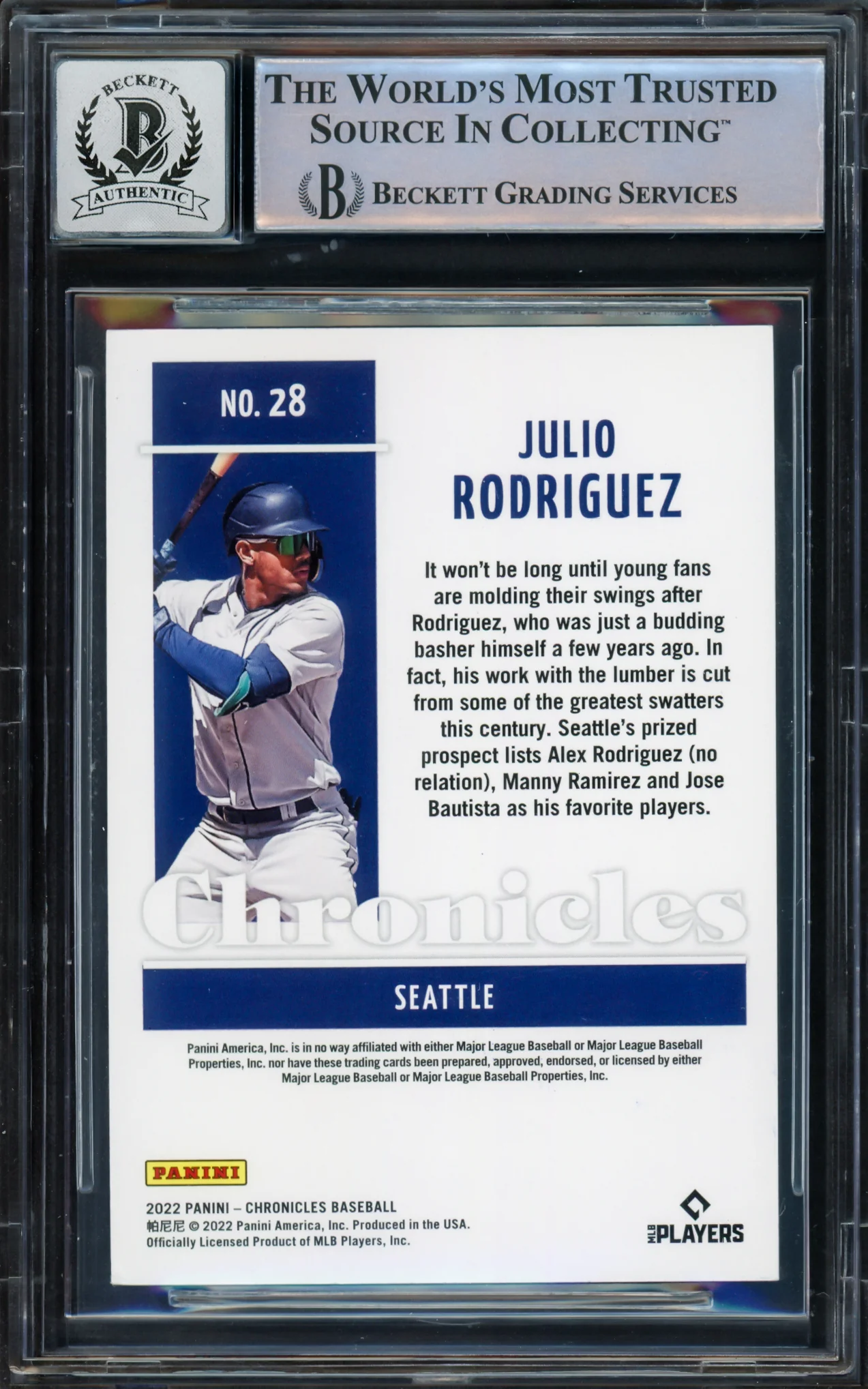 Julio Rodriguez Autographed 2022 Panini Chronicles Rookie Card #28 Seattle Mariners Auto Grade Gem Mint 10 Beckett BAS #16543921 - Image 2