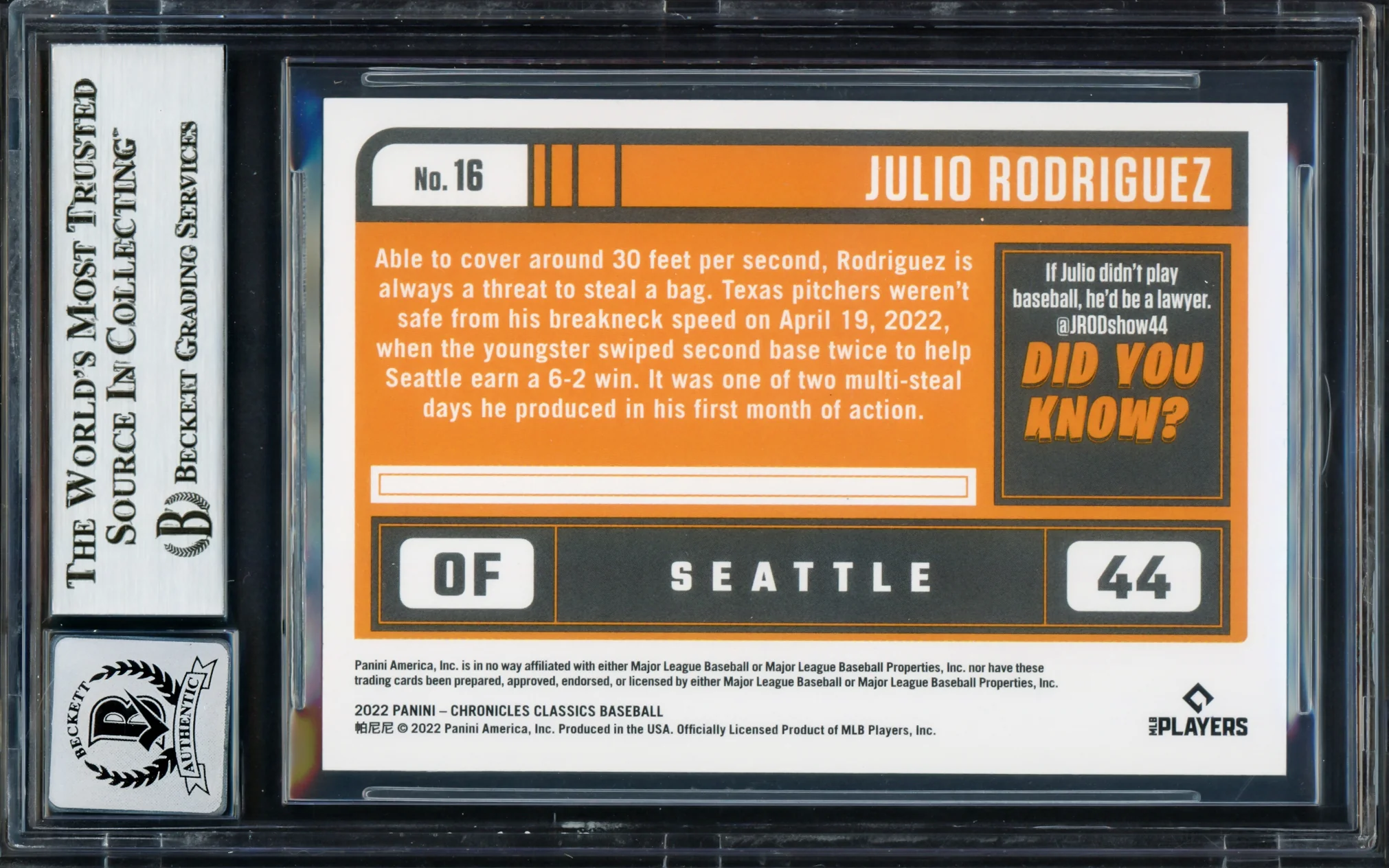 Julio Rodriguez Autographed 2022 Panini Classics Rookie Card #16 Seattle Mariners Auto Grade Gem Mint 10 Beckett BAS #17037852 - Image 2