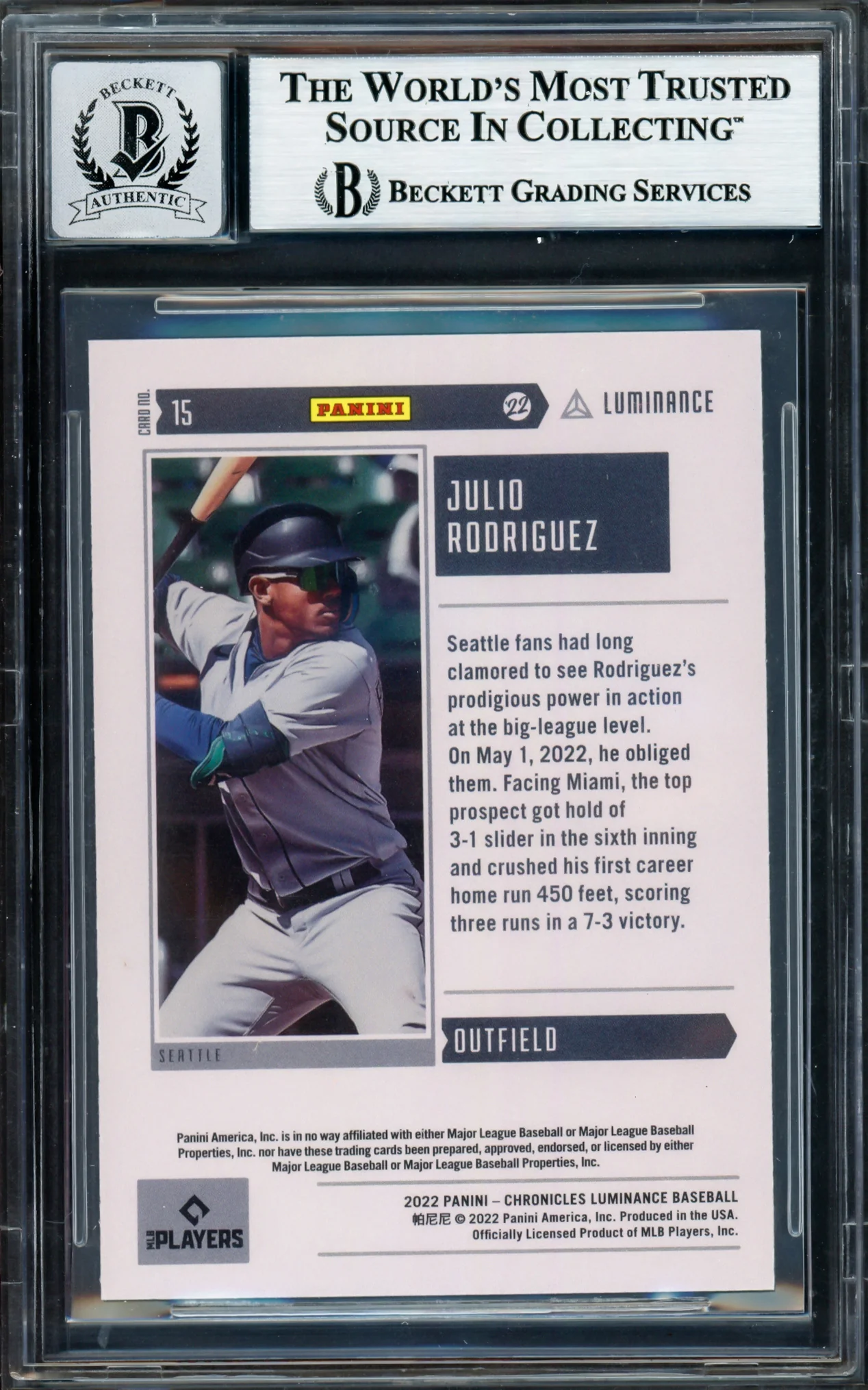 Julio Rodriguez Autographed 2022 Panini Luminance Rookie Card #15 Seattle Mariners Auto Grade Gem Mint 10 Beckett BAS #17040176 - Image 2