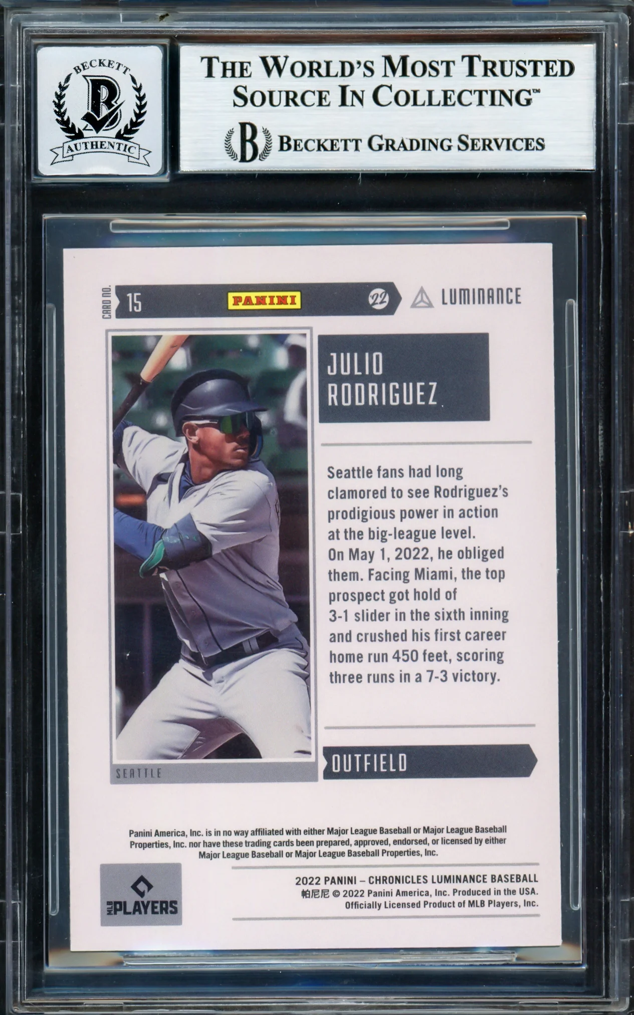 Julio Rodriguez Autographed 2022 Panini Luminance Rookie Card #15 Seattle Mariners Auto Grade Gem Mint 10 Beckett BAS #17040177 - Image 2