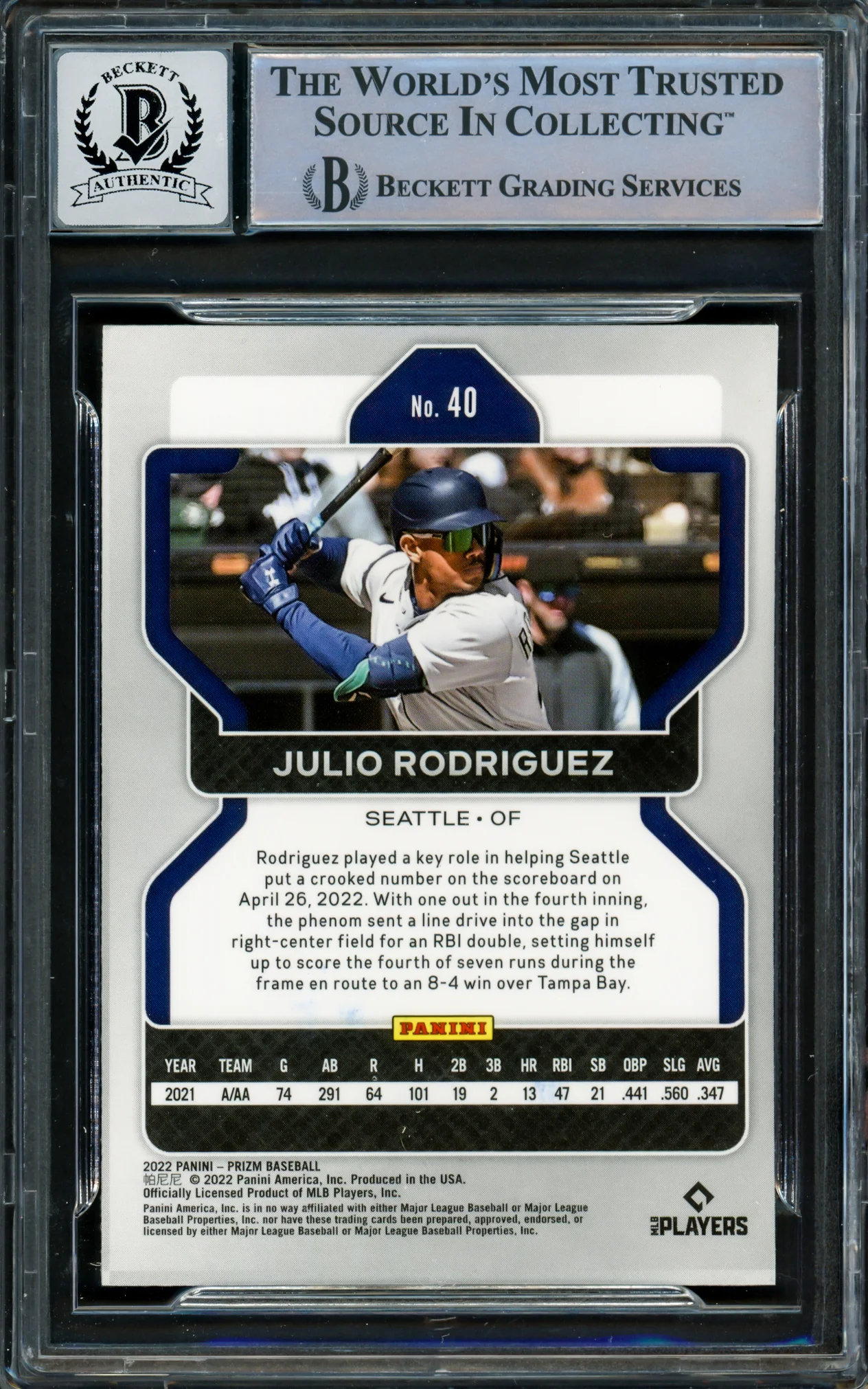 Julio Rodriguez Autographed 2022 Panini Prizm Rookie Card #40 Seattle Mariners Auto Grade Gem Mint 10 Beckett BAS #16339284 - Image 2
