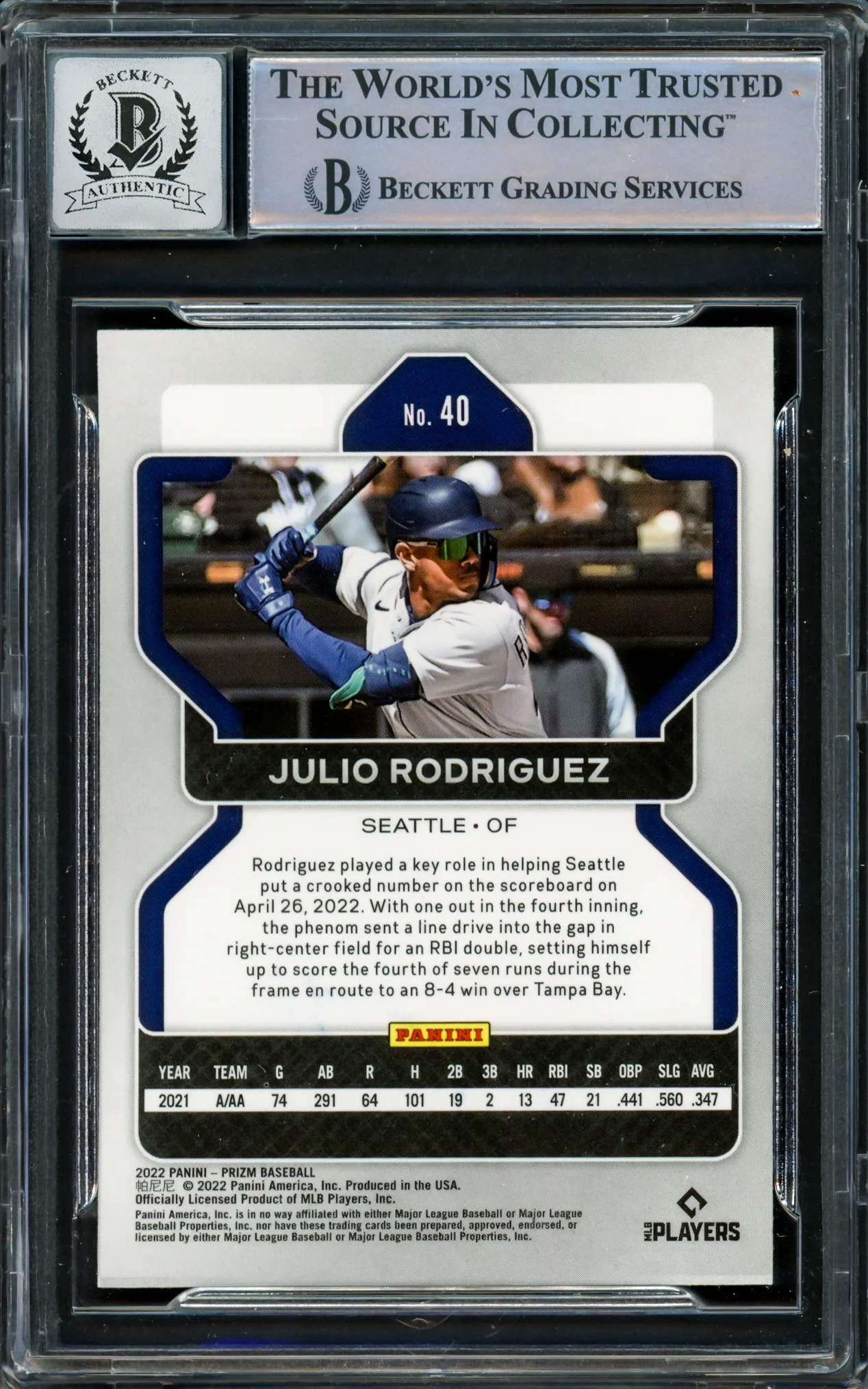 Julio Rodriguez Autographed 2022 Panini Prizm Rookie Card #40 Seattle Mariners Auto Grade Gem Mint 10 Beckett BAS #16339285 - Image 2
