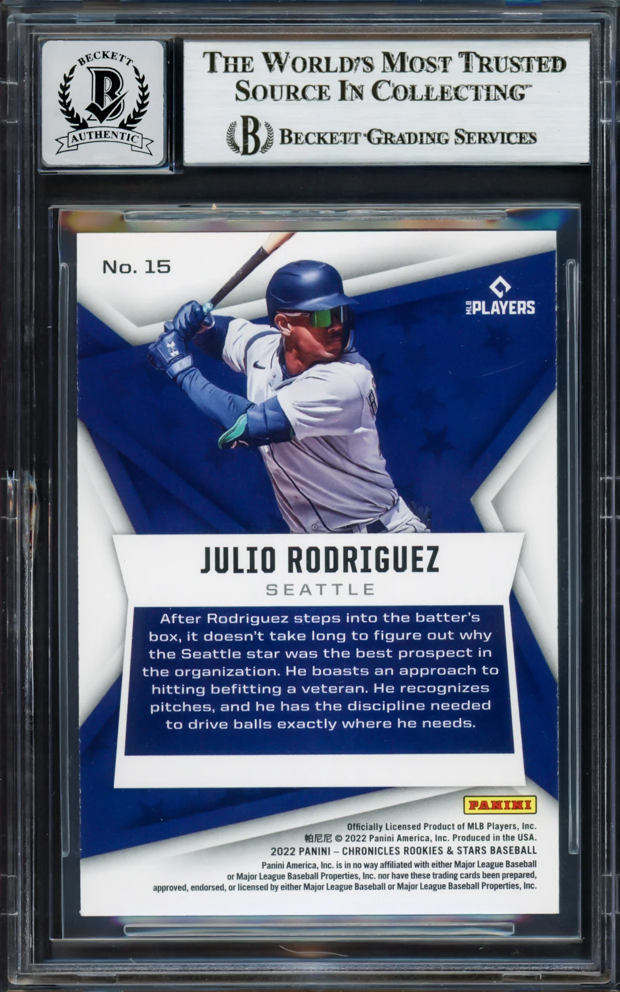 Julio Rodriguez Autographed 2022 Panini Rookies & Stars Rookie Card #15 Seattle Mariners Auto Grade Gem Mint 10 Beckett BAS #17037857 - Image 2