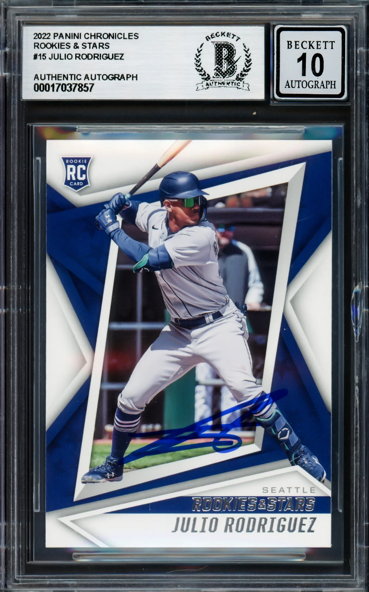 Julio Rodriguez Autographed 2022 Panini Rookies & Stars Rookie Card #15 Seattle Mariners Auto Grade Gem Mint 10 Beckett BAS #17037857 - Image 3
