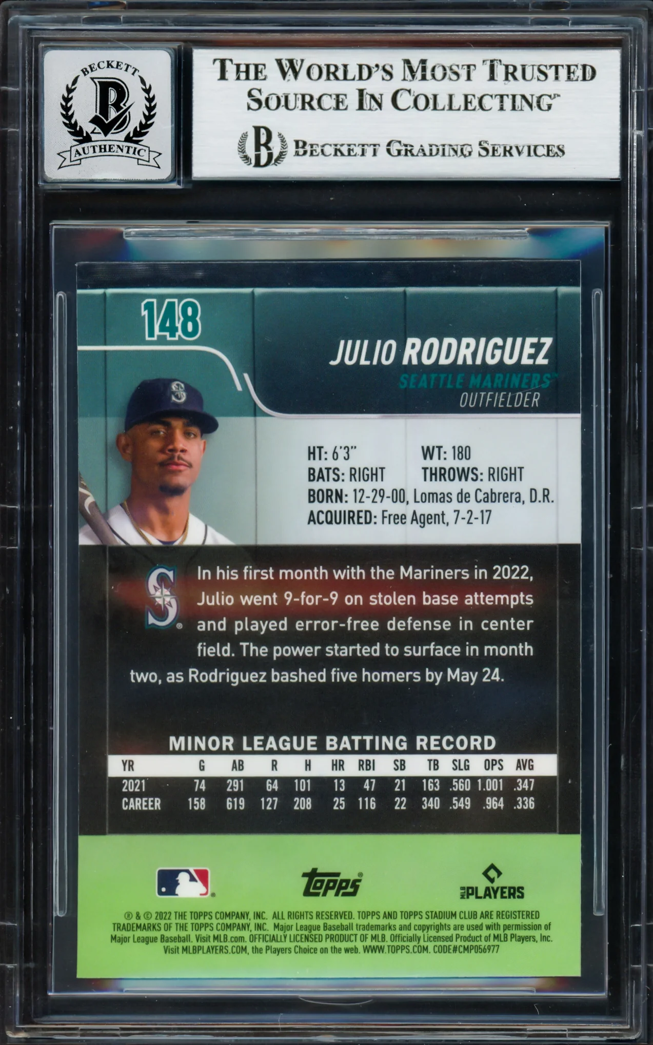 Julio Rodriguez Autographed 2022 Stadium Club Chrome Rookie Card #148 Seattle Mariners Auto Grade Gem Mint 10 Beckett BAS #17037765 - Image 2