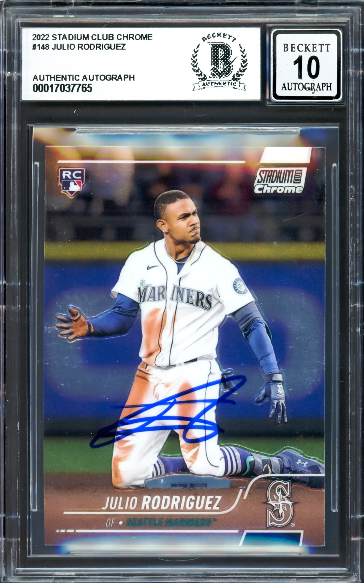 Julio Rodriguez Autographed 2022 Stadium Club Chrome Rookie Card #148 Seattle Mariners Auto Grade Gem Mint 10 Beckett BAS #17037765 - Image 3