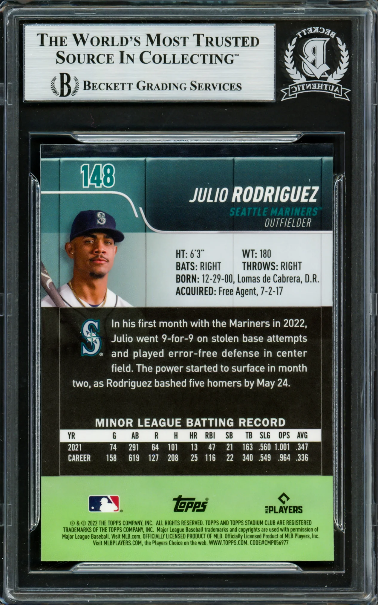 Julio Rodriguez Autographed 2022 Stadium Club Chrome Rookie Card #148 Seattle Mariners Beckett BAS #16706543 - Image 2