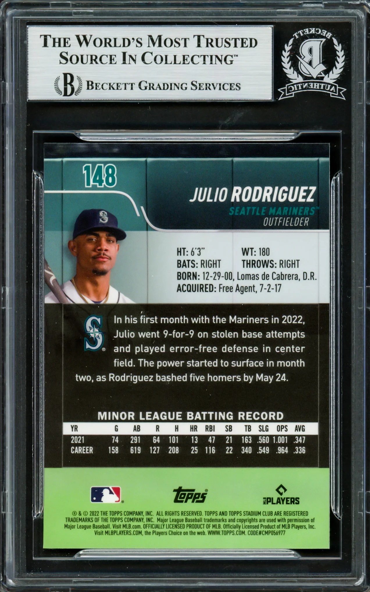 Julio Rodriguez Autographed 2022 Stadium Club Chrome Rookie Card #148 Seattle Mariners Beckett BAS #16706545 - Image 2