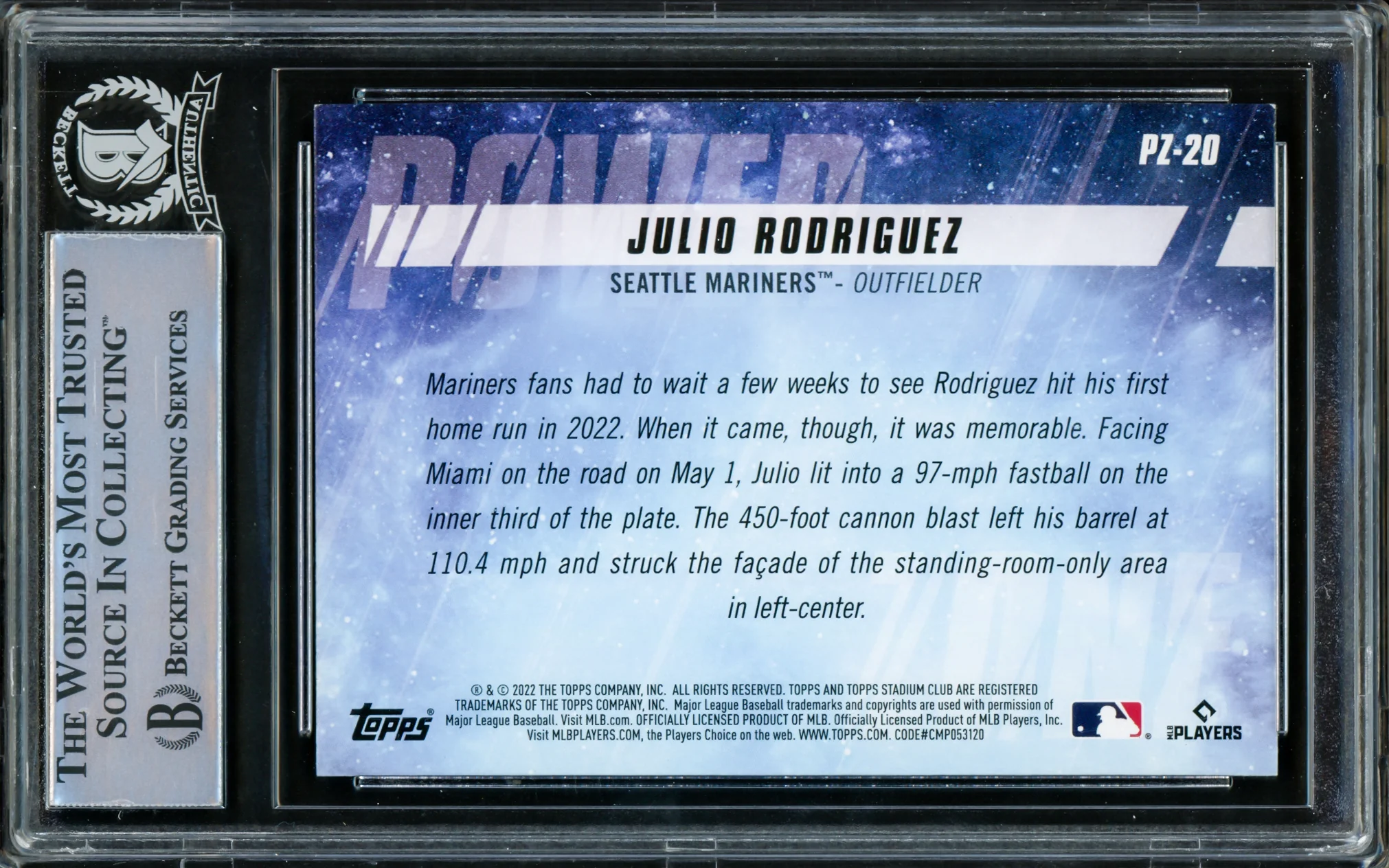 Julio Rodriguez Autographed 2022 Stadium Club Power Zone Rookie Card #PZ20 Seattle Mariners Beckett BAS #15781435 - Image 2