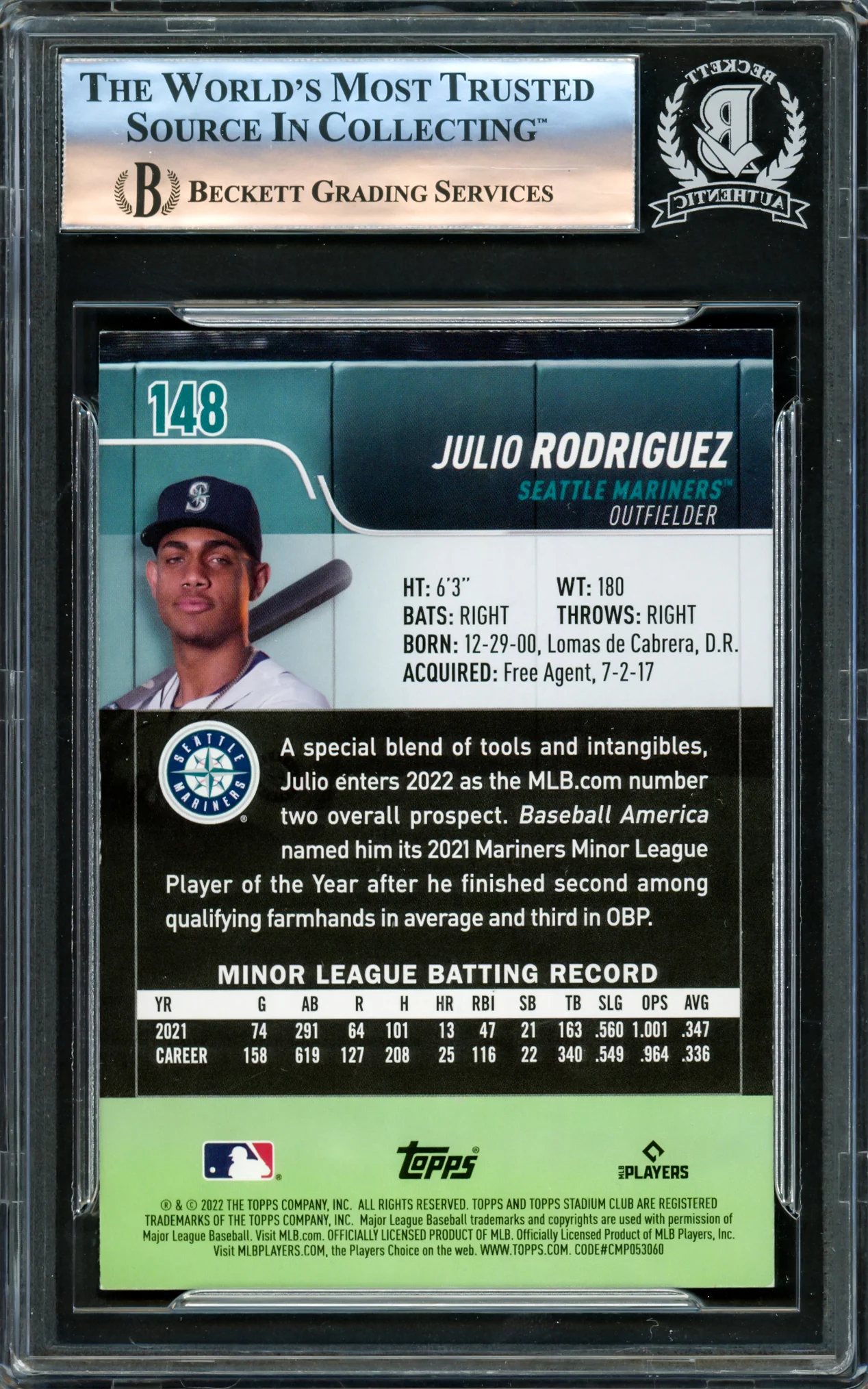 Julio Rodriguez Autographed 2022 Stadium Club Rookie Card #148 Seattle Mariners Beckett BAS Stock #221213 - Image 2
