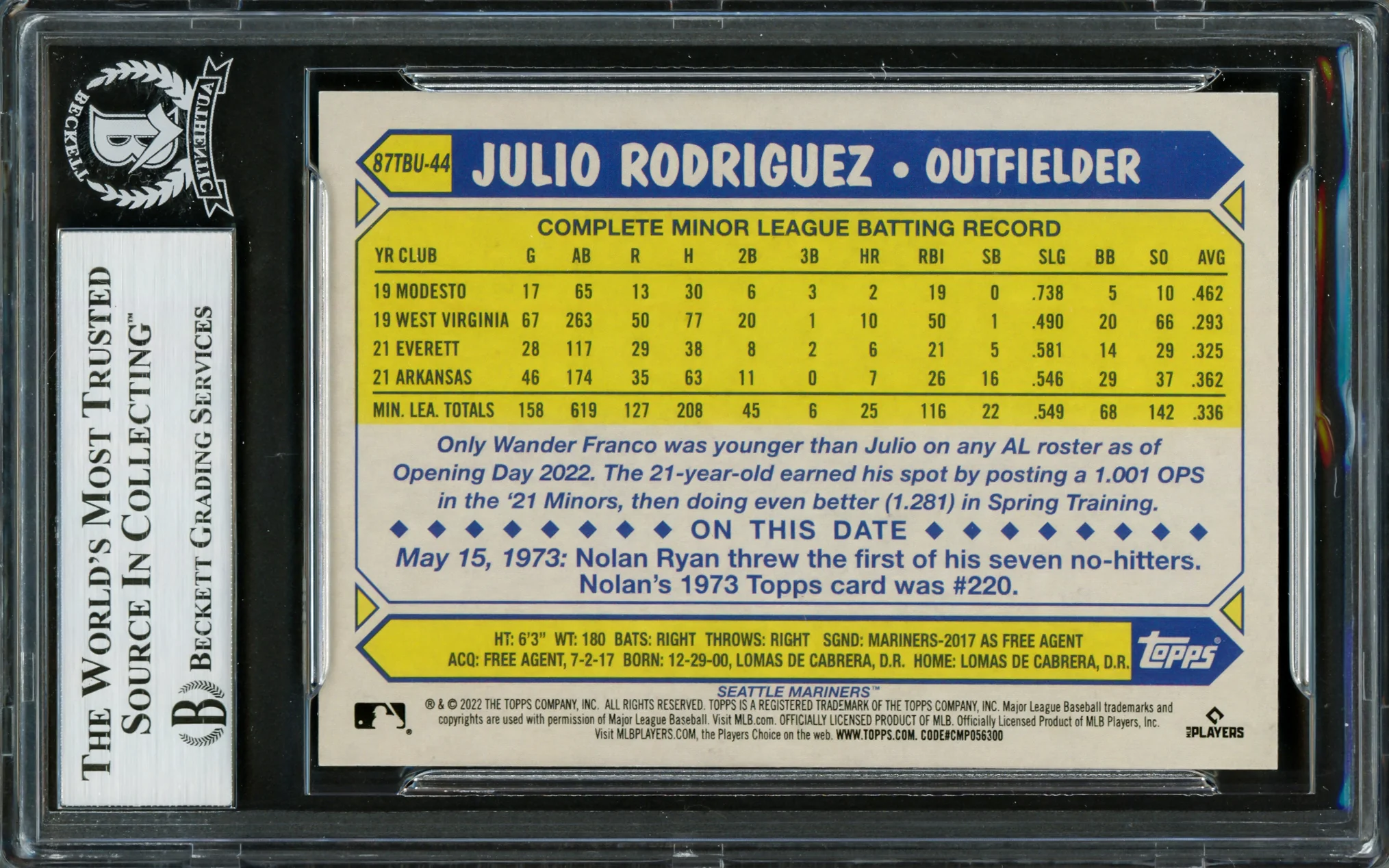 Julio Rodriguez Autographed 2022 Topps 35th Anniversary Update Rookie Card #87TBU-44 Seattle Mariners Beckett BAS Stock #228016 - Image 2