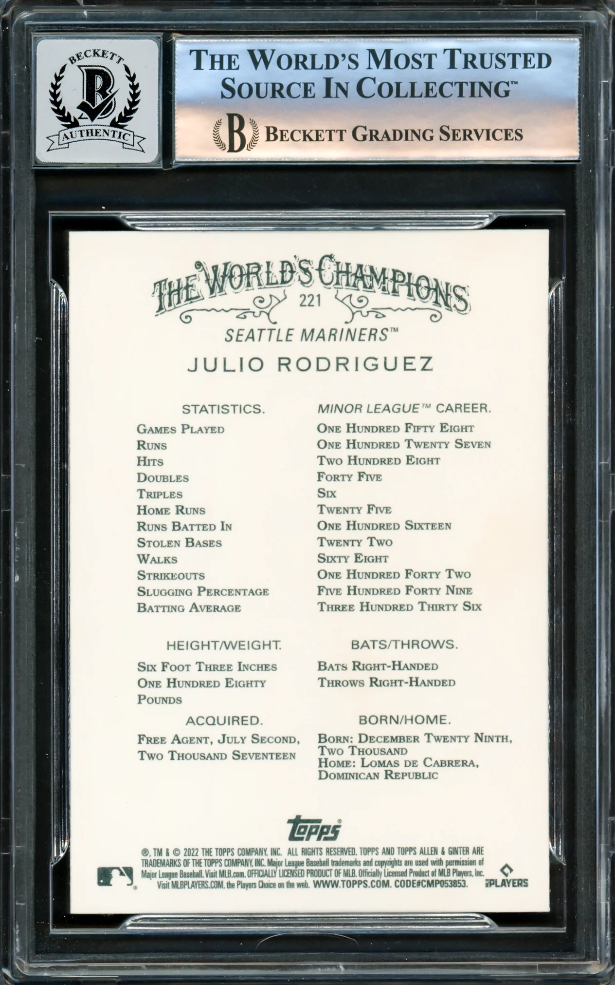 Julio Rodriguez Autographed 2022 Topps Allen & Ginter Rookie Card #221 Seattle Mariners Auto Grade Gem Mint 10 Beckett BAS Stock #220794 - Image 2