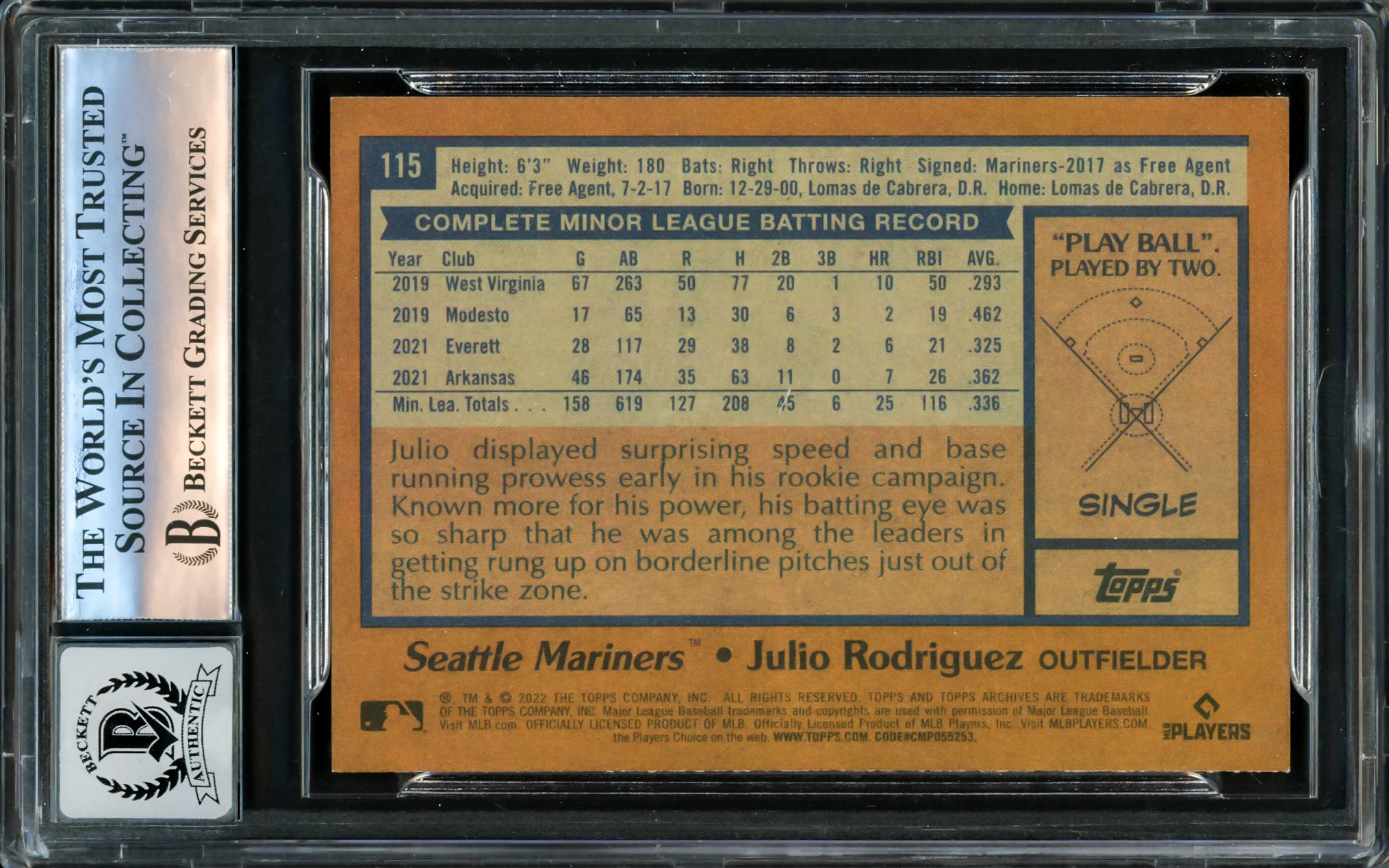 Julio Rodriguez Autographed 2022 Topps Archives Rookie Card #115 Seattle Mariners Auto Grade Gem Mint 10 Beckett BAS Stock #220795 - Image 2