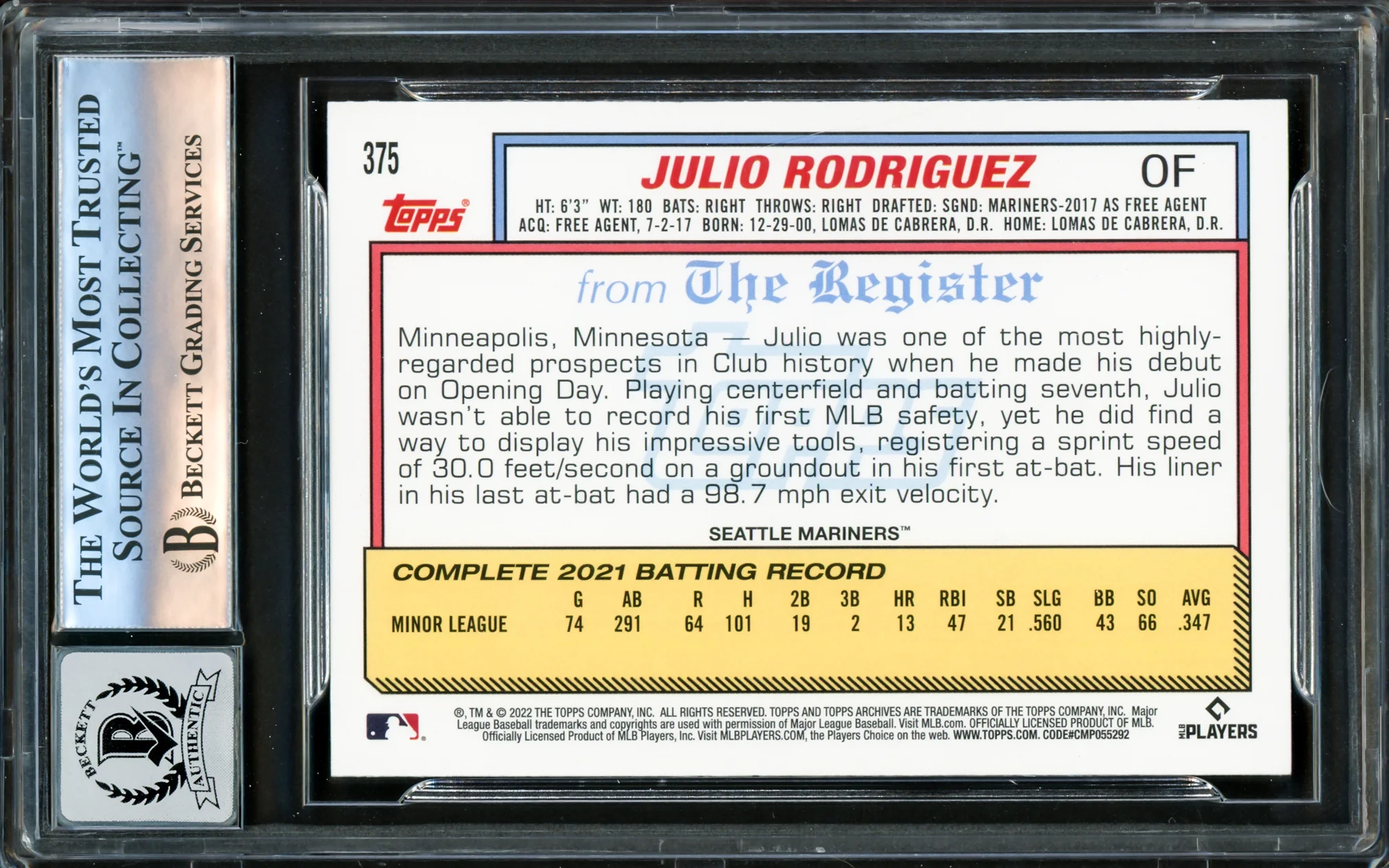 Julio Rodriguez Autographed 2022 Topps Archives Rookie Card #375 Seattle Mariners Auto Grade Gem Mint 10 Beckett BAS Stock #220796 - Image 2