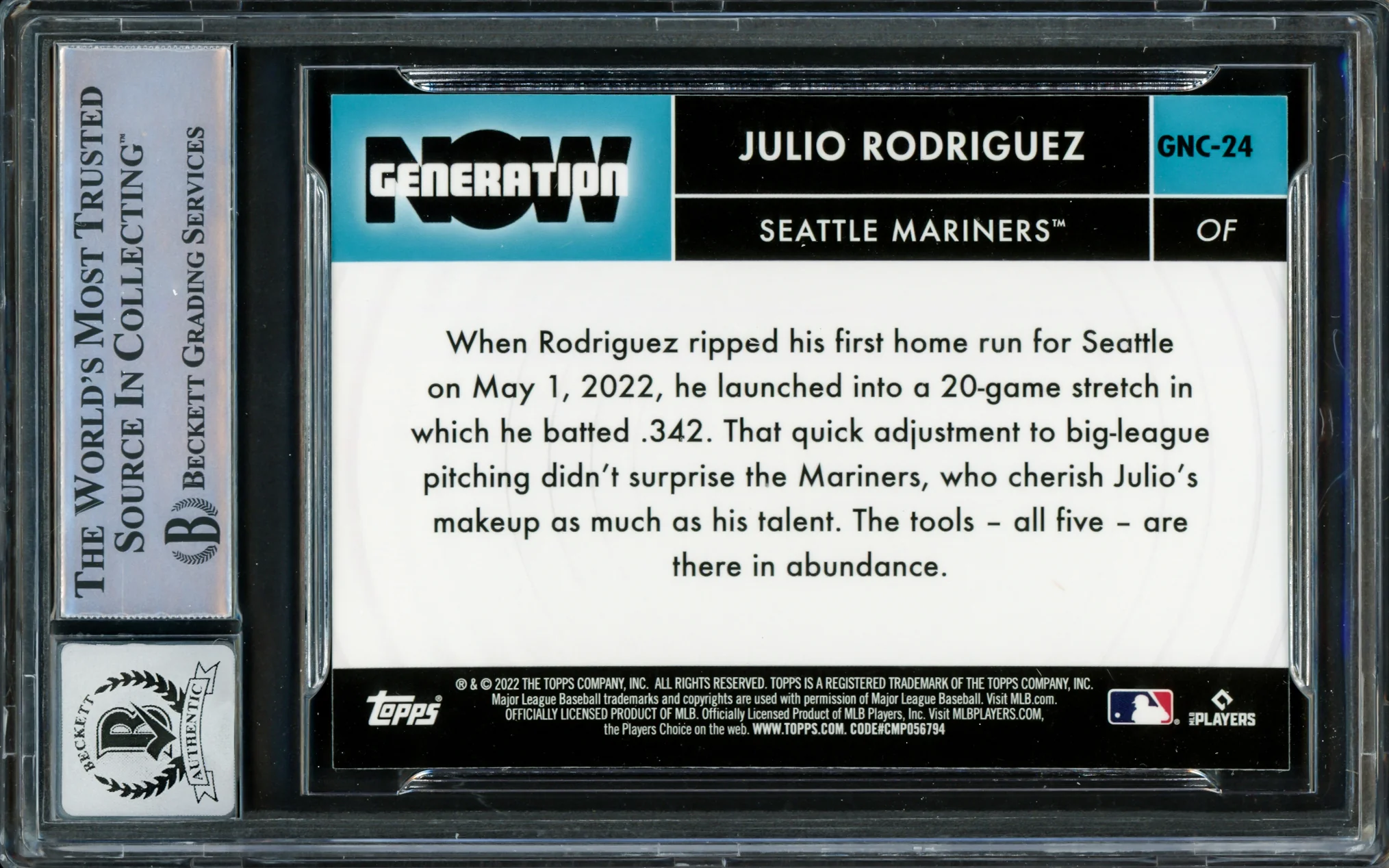 Julio Rodriguez Autographed 2022 Topps Chrome Generation Now Rookie Card #GNC-24 Seattle Mariners Auto Grade Gem Mint 10 Beckett BAS #16339456 - Image 2