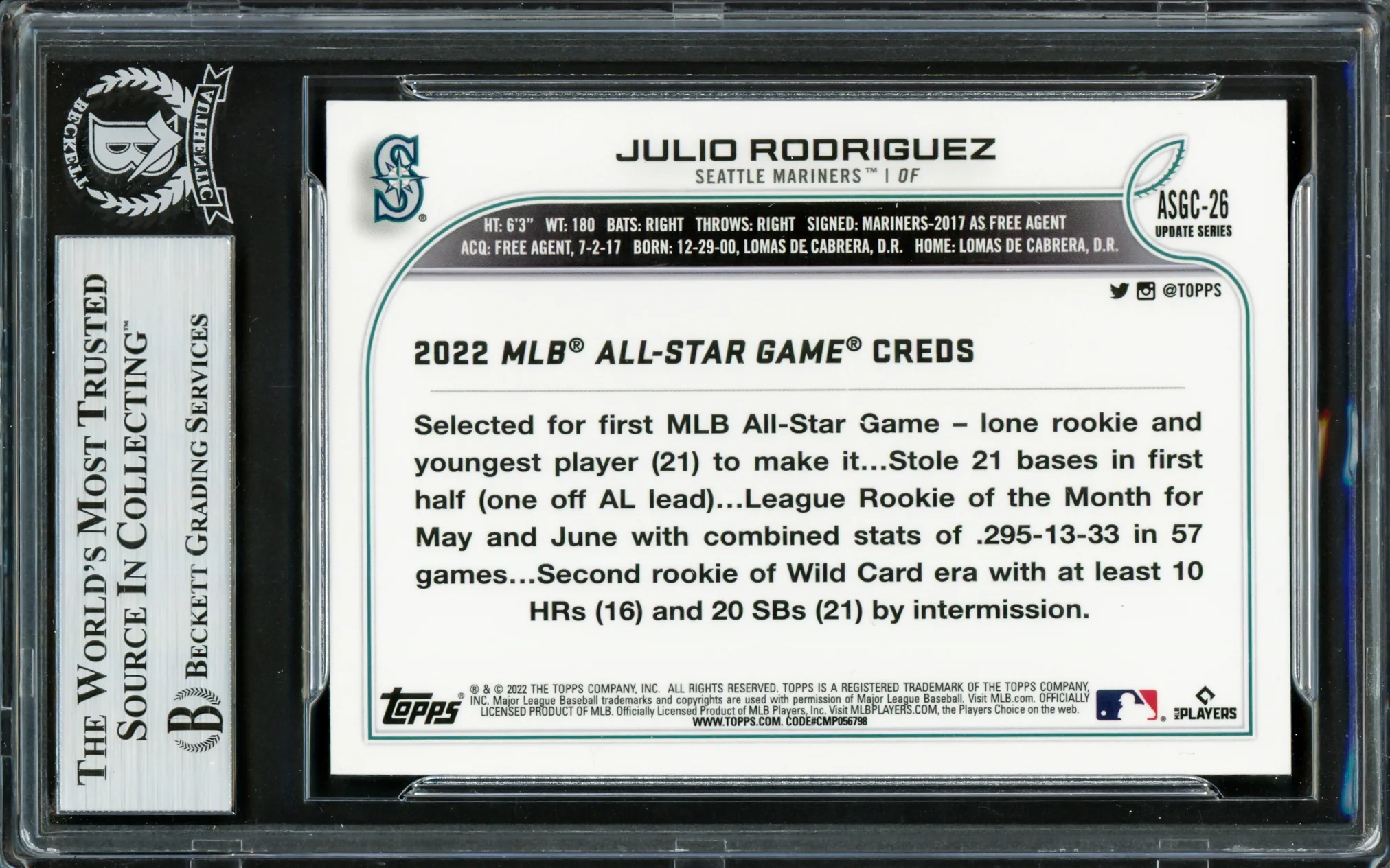 Julio Rodriguez Autographed 2022 Topps Chrome Update All Star Refractors Rookie Card #ACGC-26 Seattle Mariners Beckett BAS Stock #228021 - Image 2