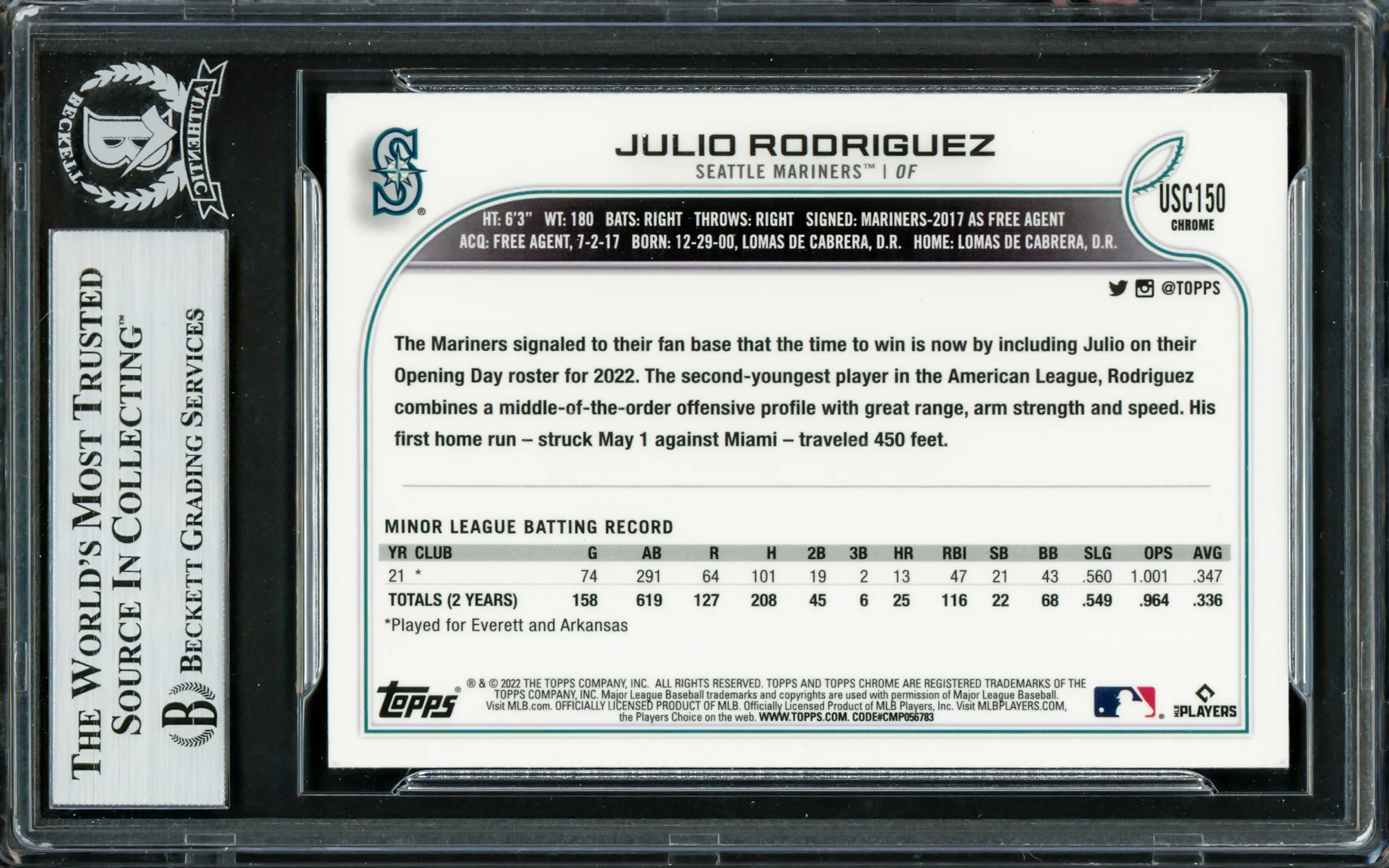 Julio Rodriguez Autographed 2022 Topps Chrome Update Purple Refractors Rookie Card #USC150 Seattle Mariners Beckett BAS Stock #228019 - Image 2