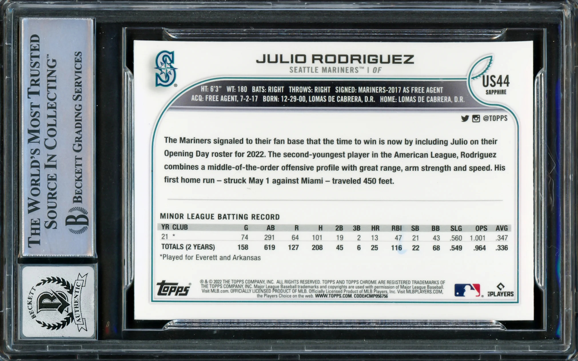 Julio Rodriguez Autographed 2022 Topps Chrome Update Sapphire Rookie Card #US44 Seattle Mariners Auto Grade Gem Mint 10 Beckett BAS #16339453 - Image 2