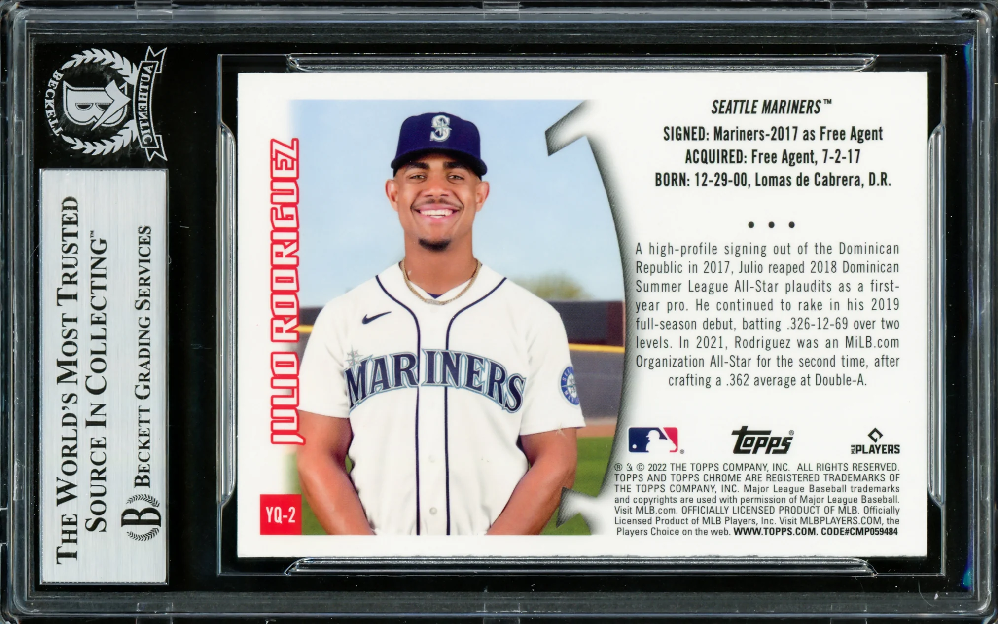 Julio Rodriguez Autographed 2022 Topps Chrome Youthquake Rookie Card #YQ2 Seattle Mariners Beckett BAS #16706845 - Image 2