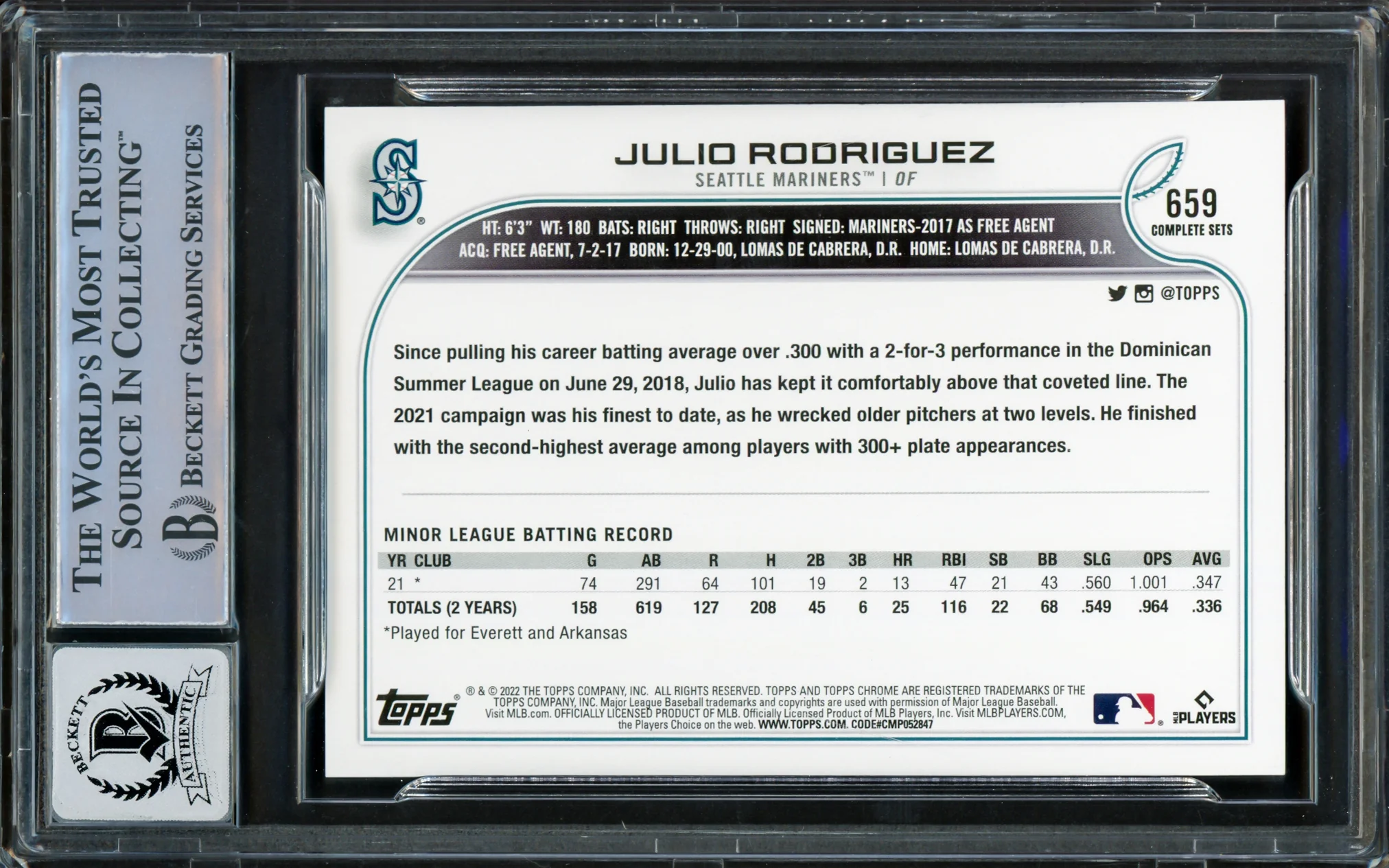 Julio Rodriguez Autographed 2022 Topps Complete Base Set Photo Variations Rookie Card #659 Seattle Mariners Auto Grade Gem Mint 10 Beckett BAS Stock #221312 - Image 2