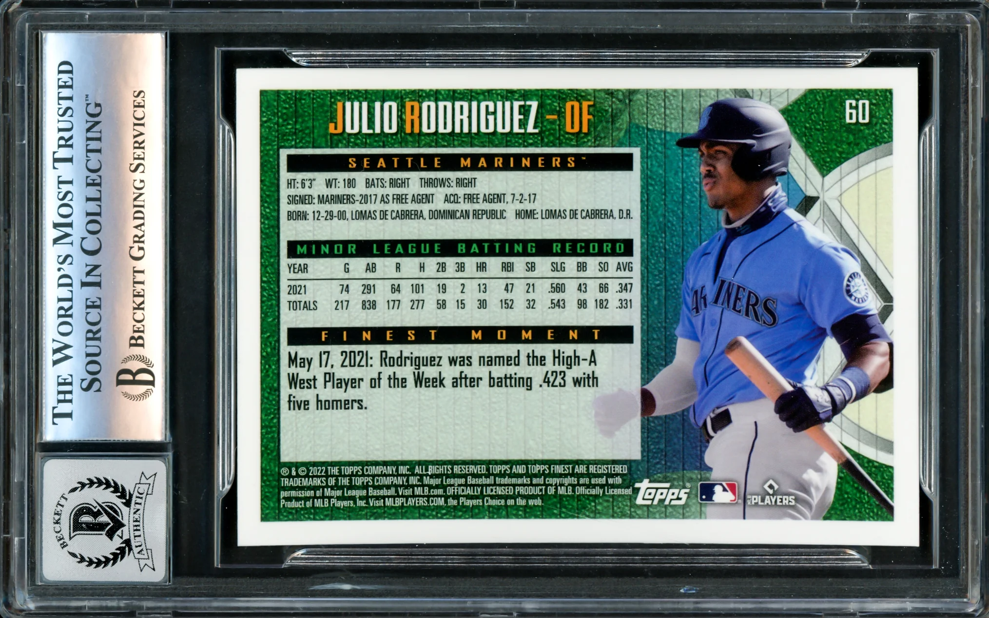 Julio Rodriguez Autographed 2022 Topps Finest Flashbacks Rookie Card #60 Seattle Mariners Auto Grade Gem Mint 10 Beckett BAS Stock #220799 - Image 2