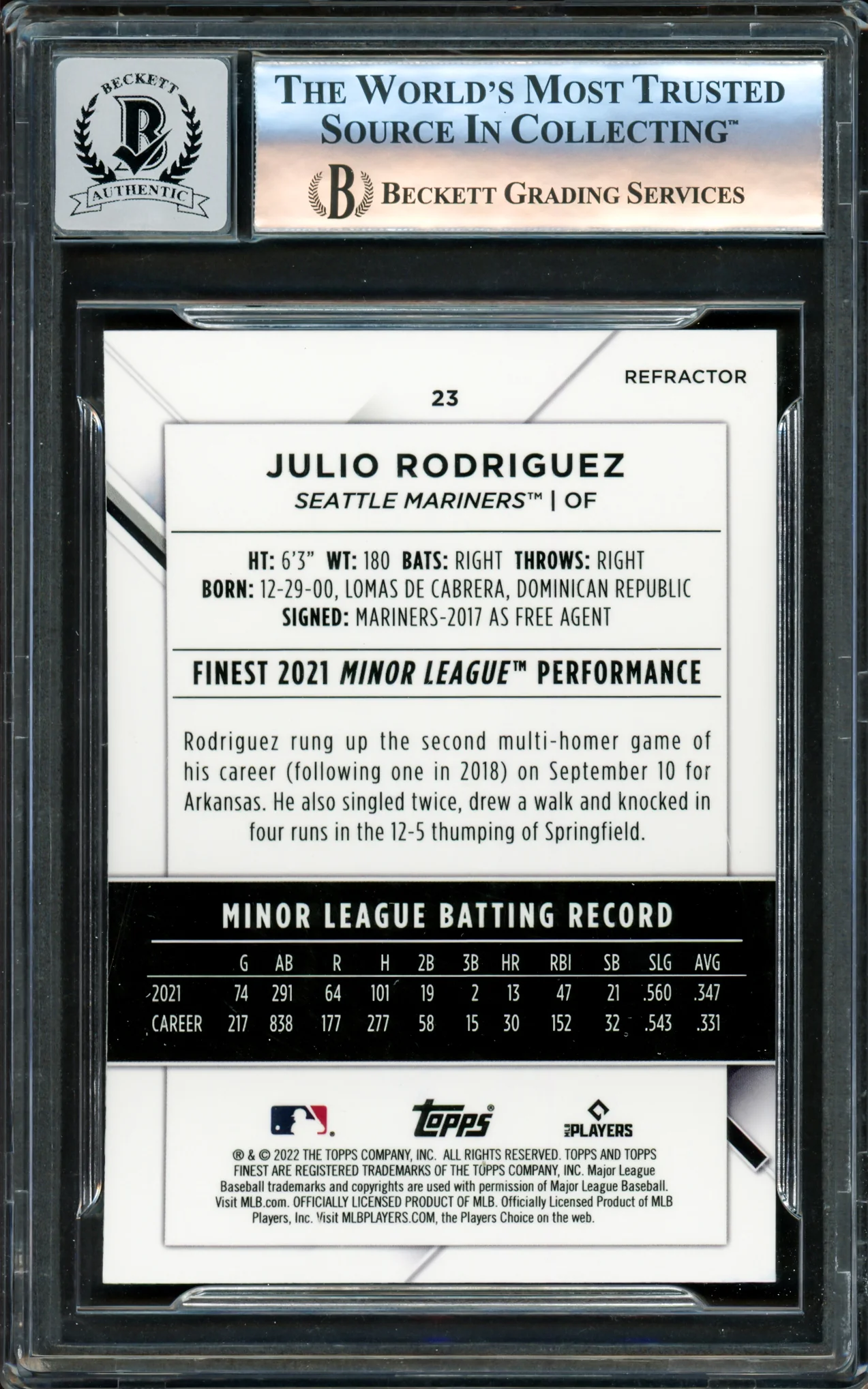 Julio Rodriguez Autographed 2022 Topps Finest Refractors Rookie Card #23 Seattle Mariners Auto Grade Gem Mint 10 Beckett BAS Stock #220797 - Image 2