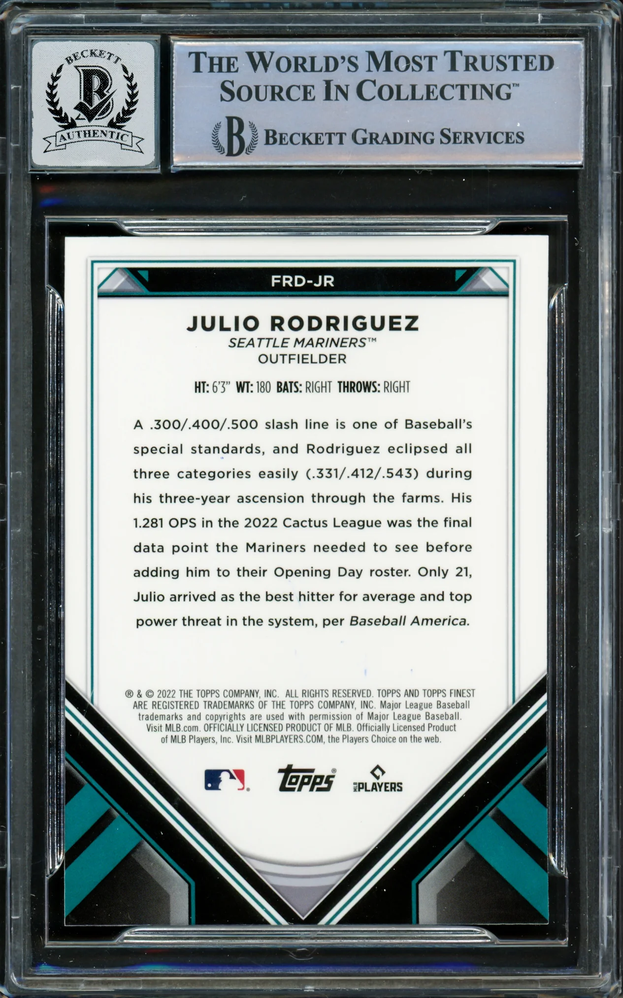 Julio Rodriguez Autographed 2022 Topps Finest Rookie Card #FRD-JR Seattle Mariners Auto Grade Gem Mint 10 Beckett BAS #16339461 - Image 2