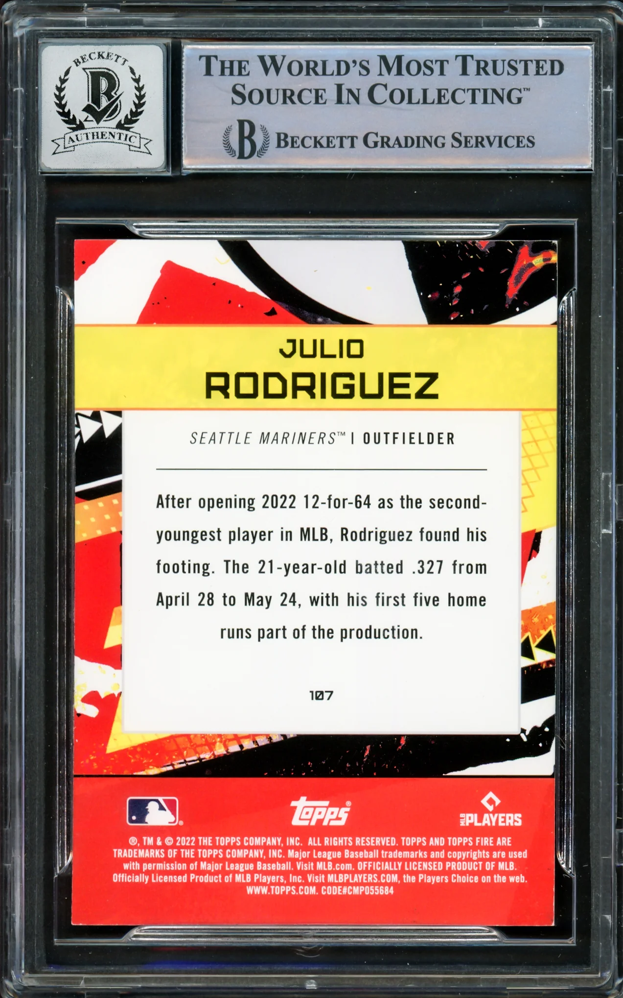 Julio Rodriguez Autographed 2022 Topps Fire Rookie Card #107 Seattle Mariners Auto Grade Gem Mint 10 Beckett BAS #16339462 - Image 2