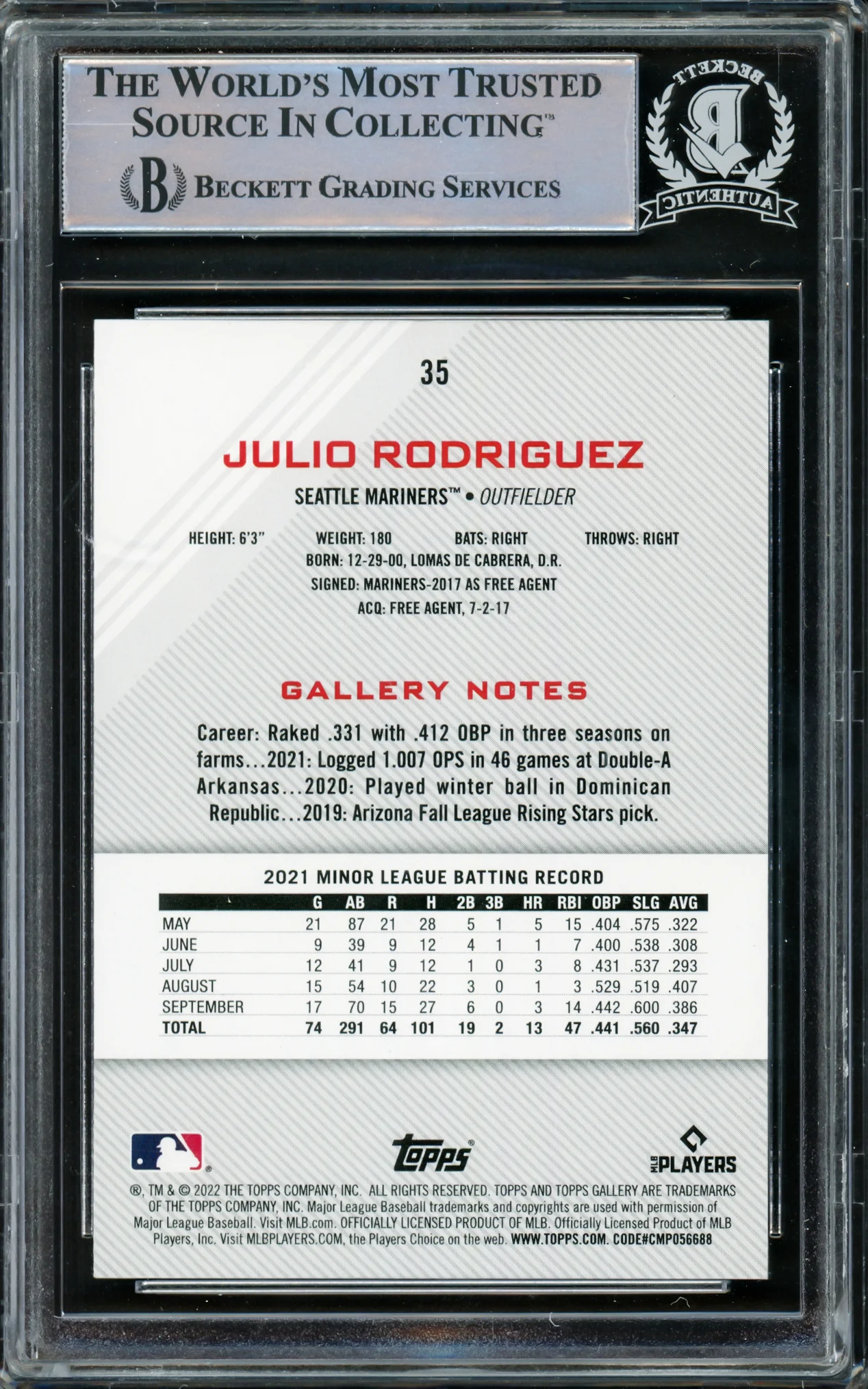 Julio Rodriguez Autographed 2022 Topps Gallery Rookie Card #35 Seattle Mariners Beckett BAS #15781462 - Image 2