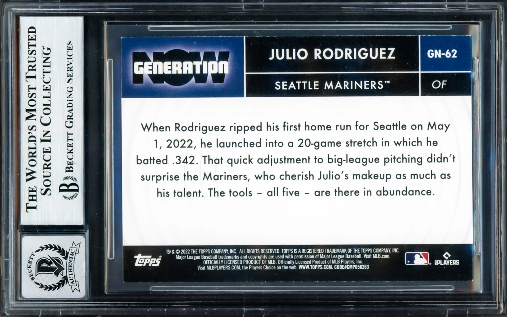 Julio Rodriguez Autographed 2022 Topps Generation Now Rookie Card #GN-62 Seattle Mariners Auto Grade Gem Mint 10 Beckett BAS #17040206 - Image 2