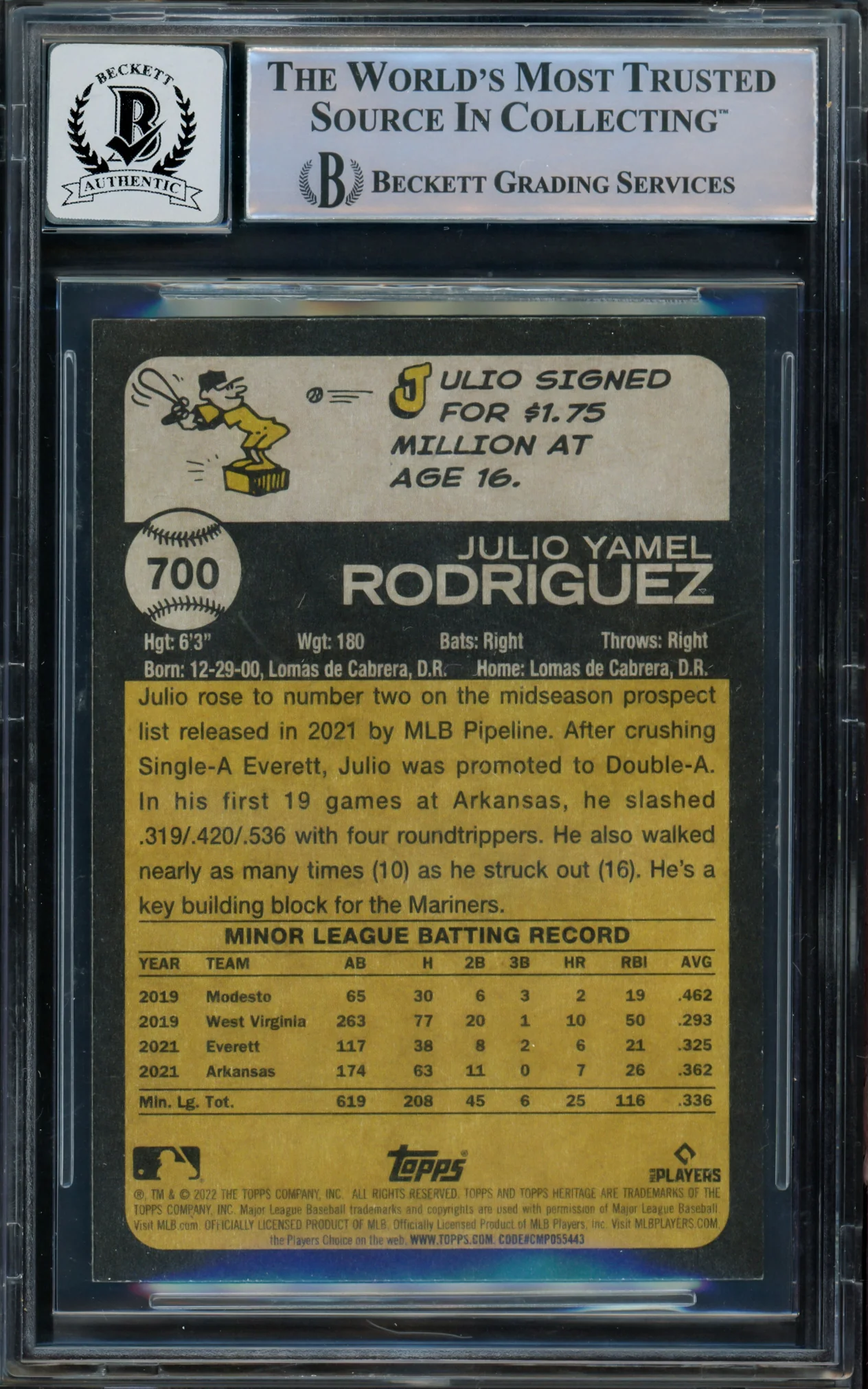 Julio Rodriguez Autographed 2022 Topps Heritage Rookie Card #700 Seattle Mariners Auto Grade Gem Mint 10 Beckett BAS Stock #221550 - Image 2